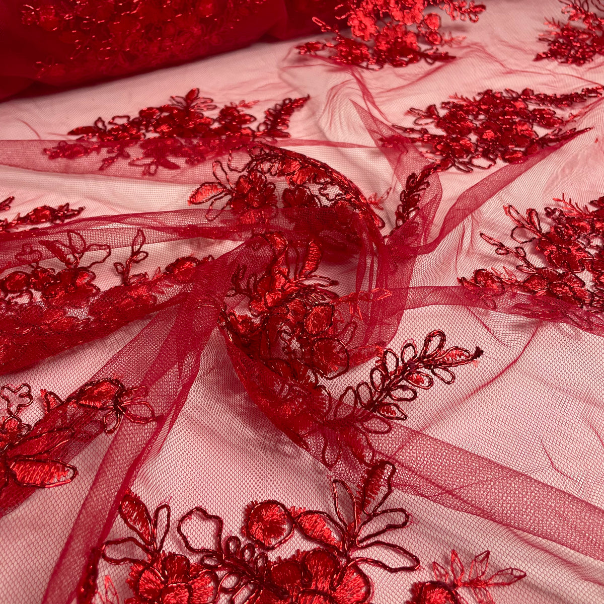 Tule Bordado Metalic Vermelho Fio Vermelho