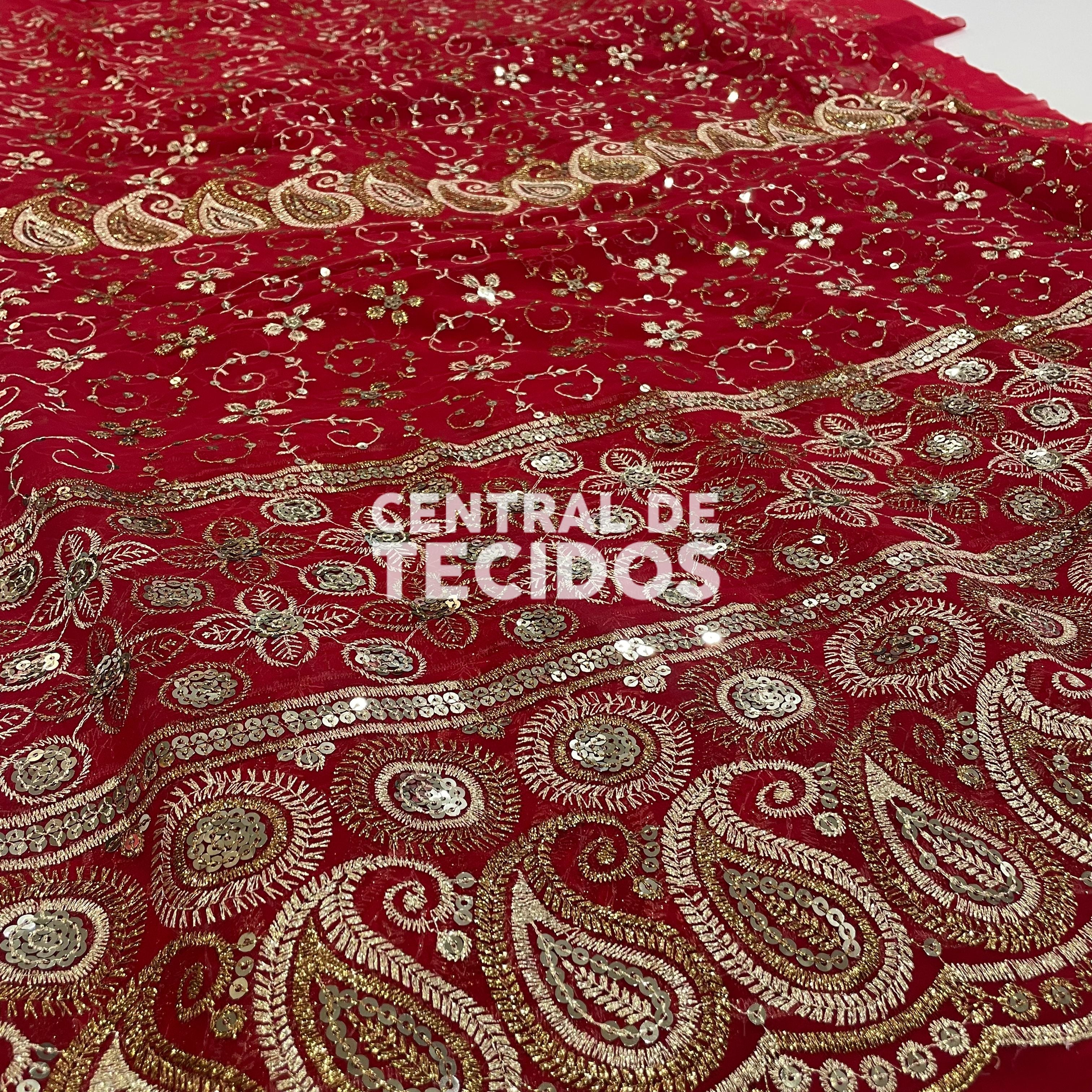 Chiffon Bordado Indiano Vermelho