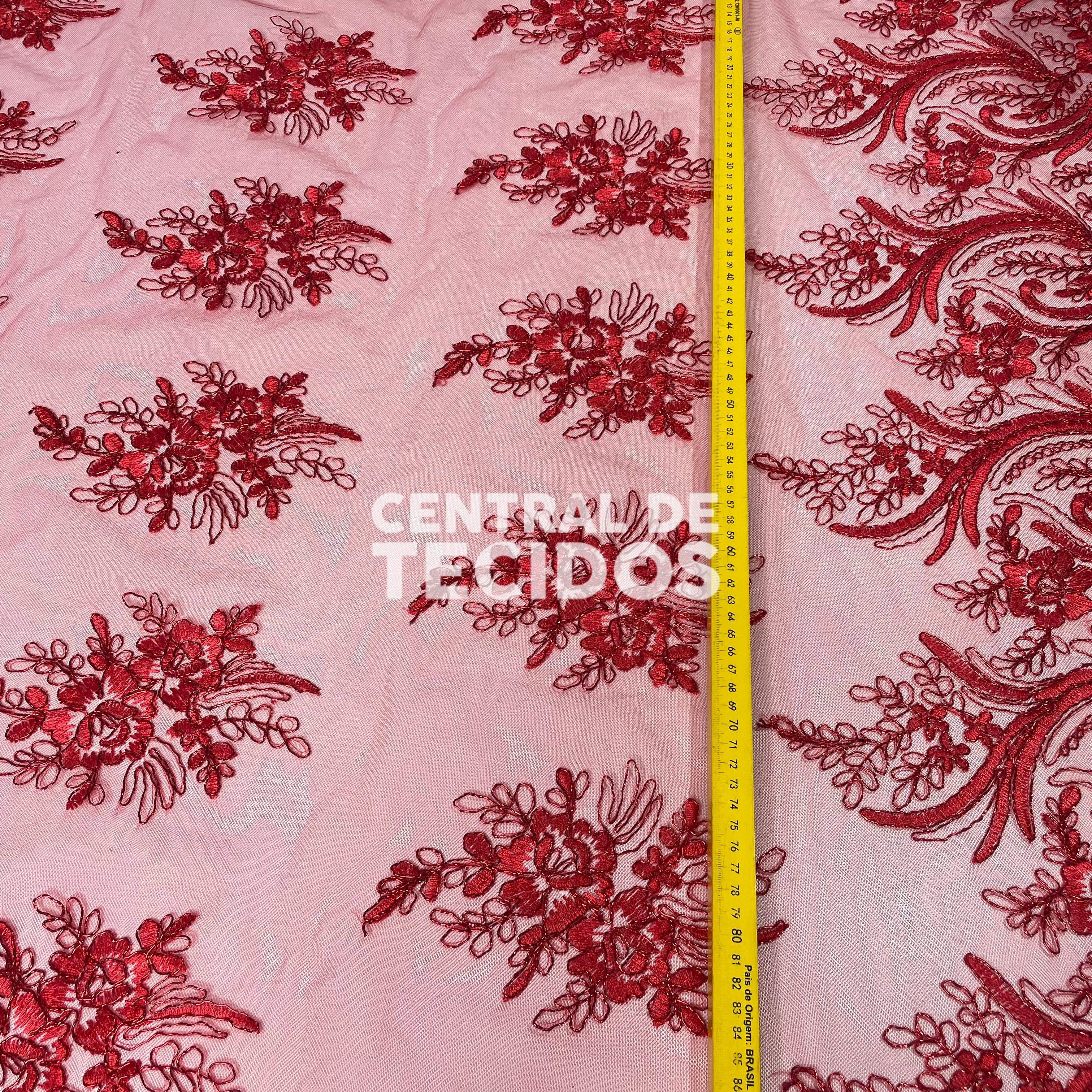 Tule Bordado Metalic Vermelho