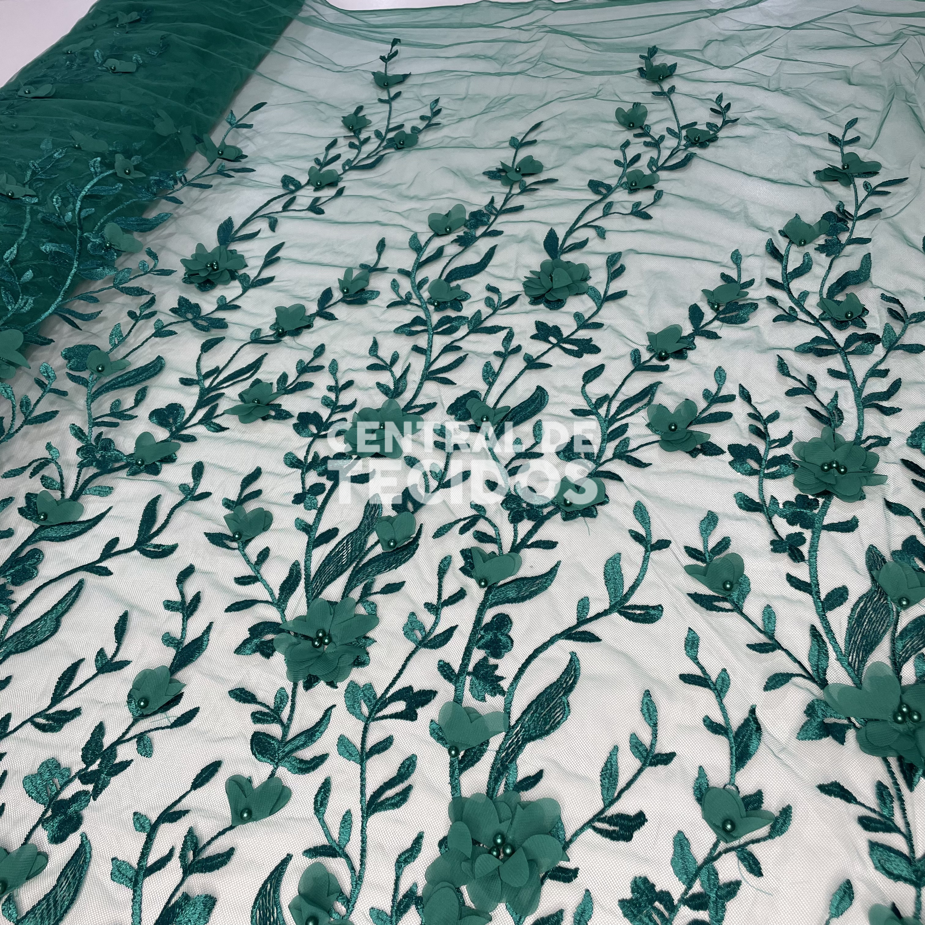 Tule Bordado Pérolas 3D Verde Floresta