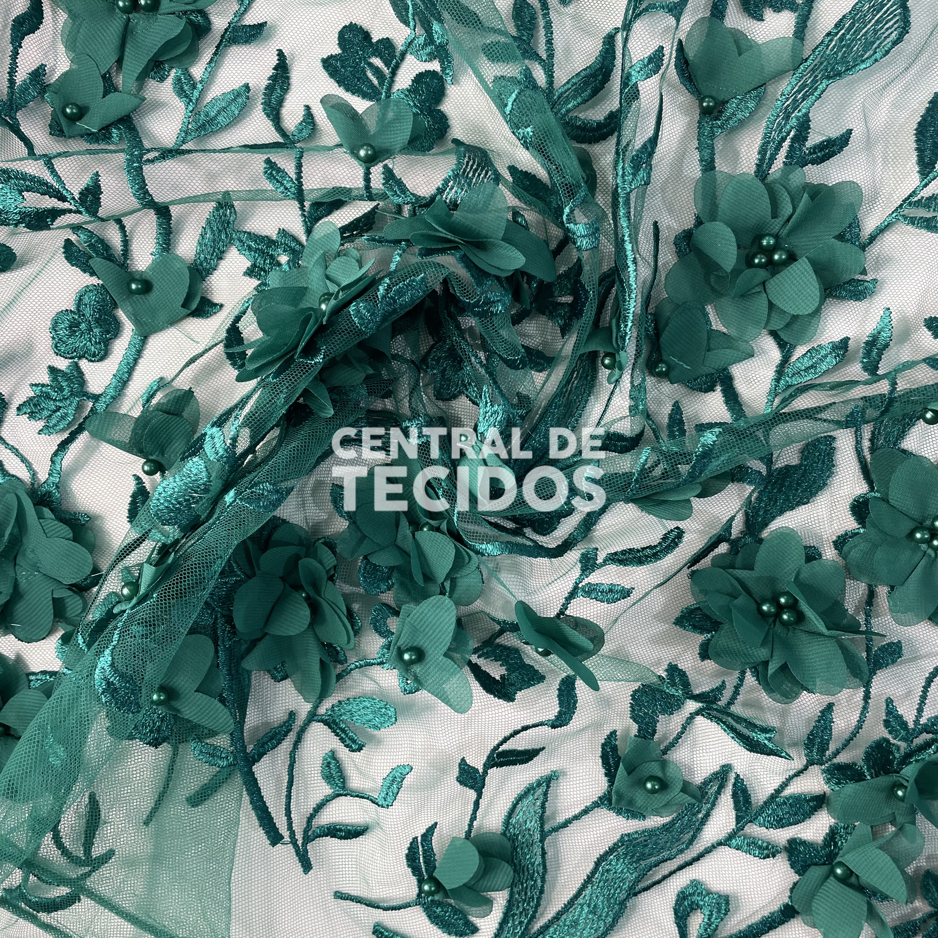 Tule Bordado Pérolas 3D Verde Floresta