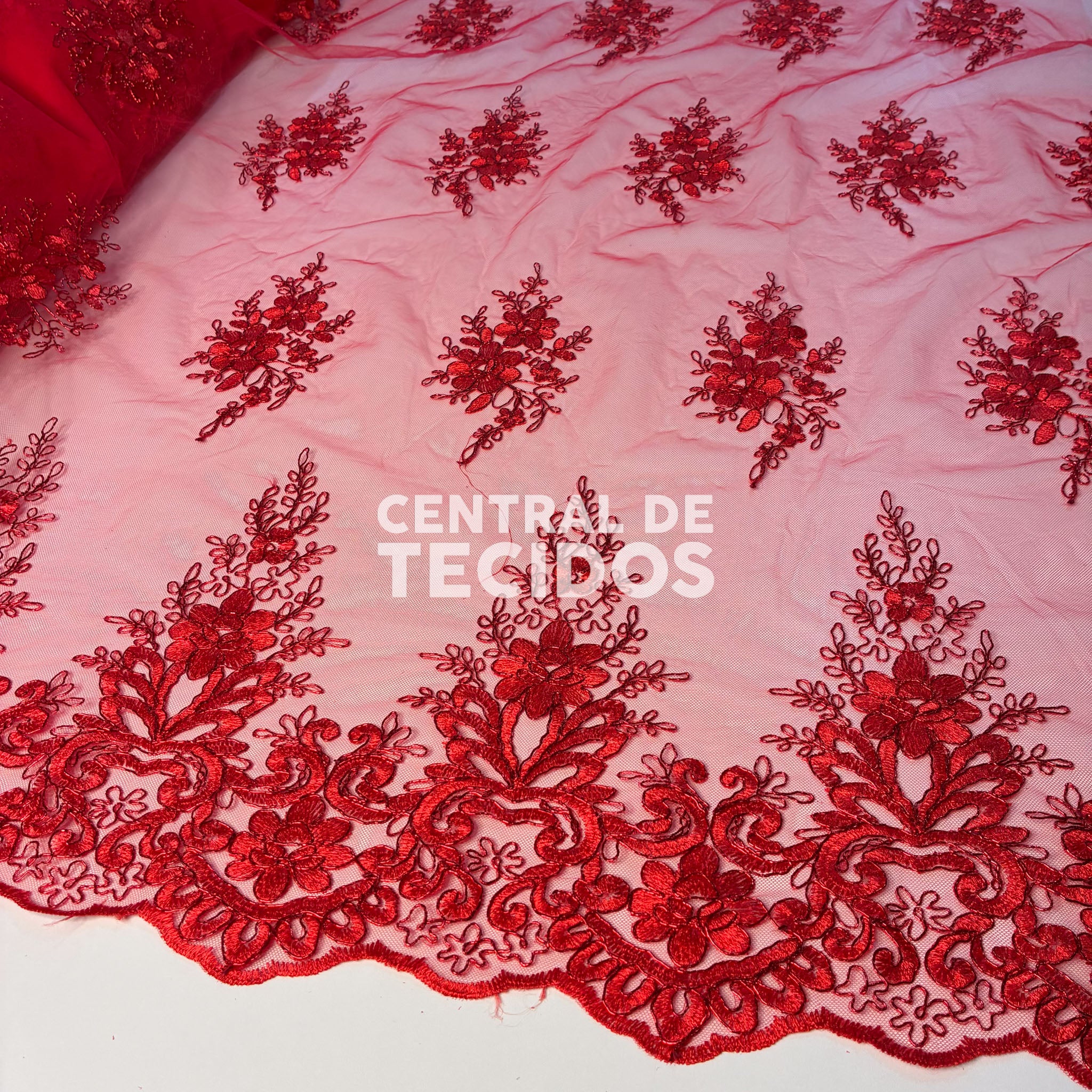 Tule Bordado Metalic Vermelho