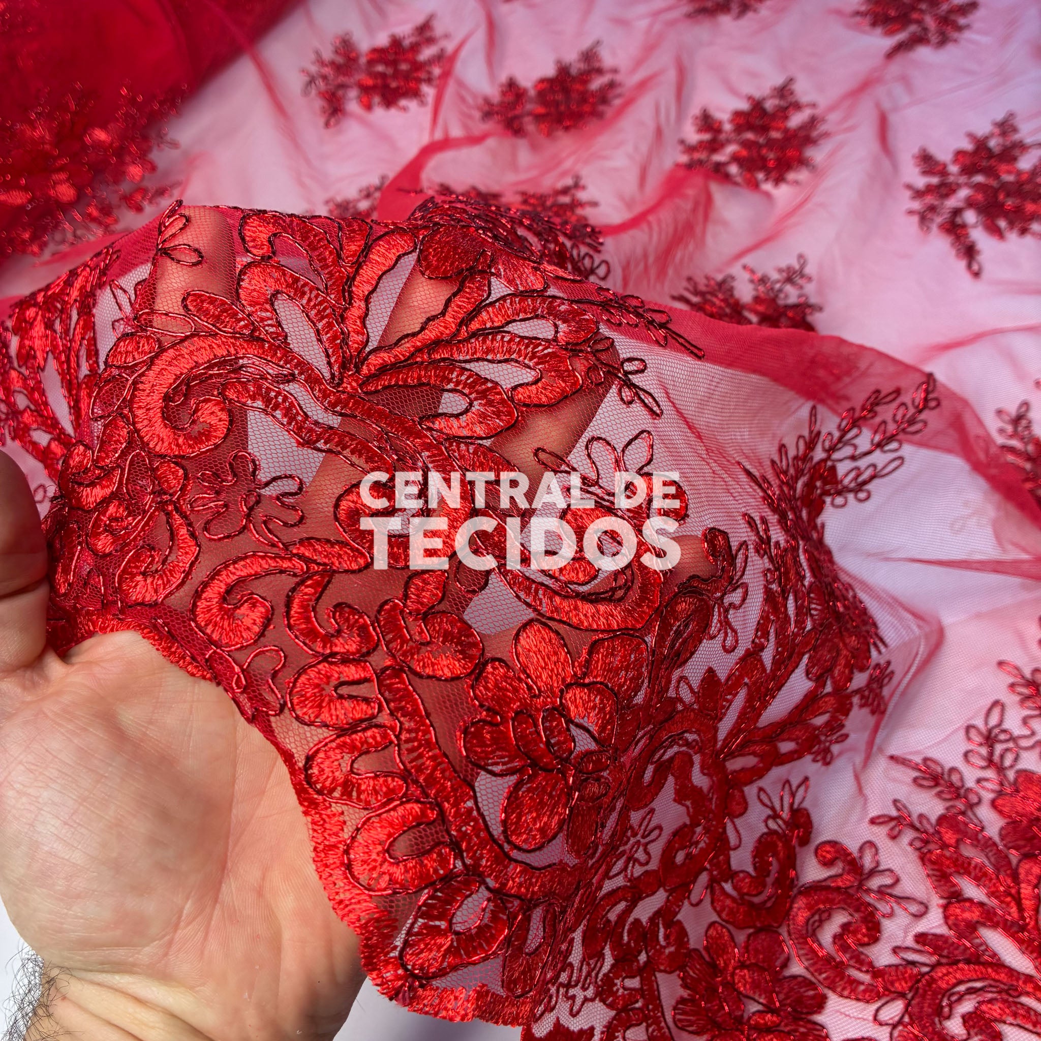 Tule Bordado Metalic Vermelho