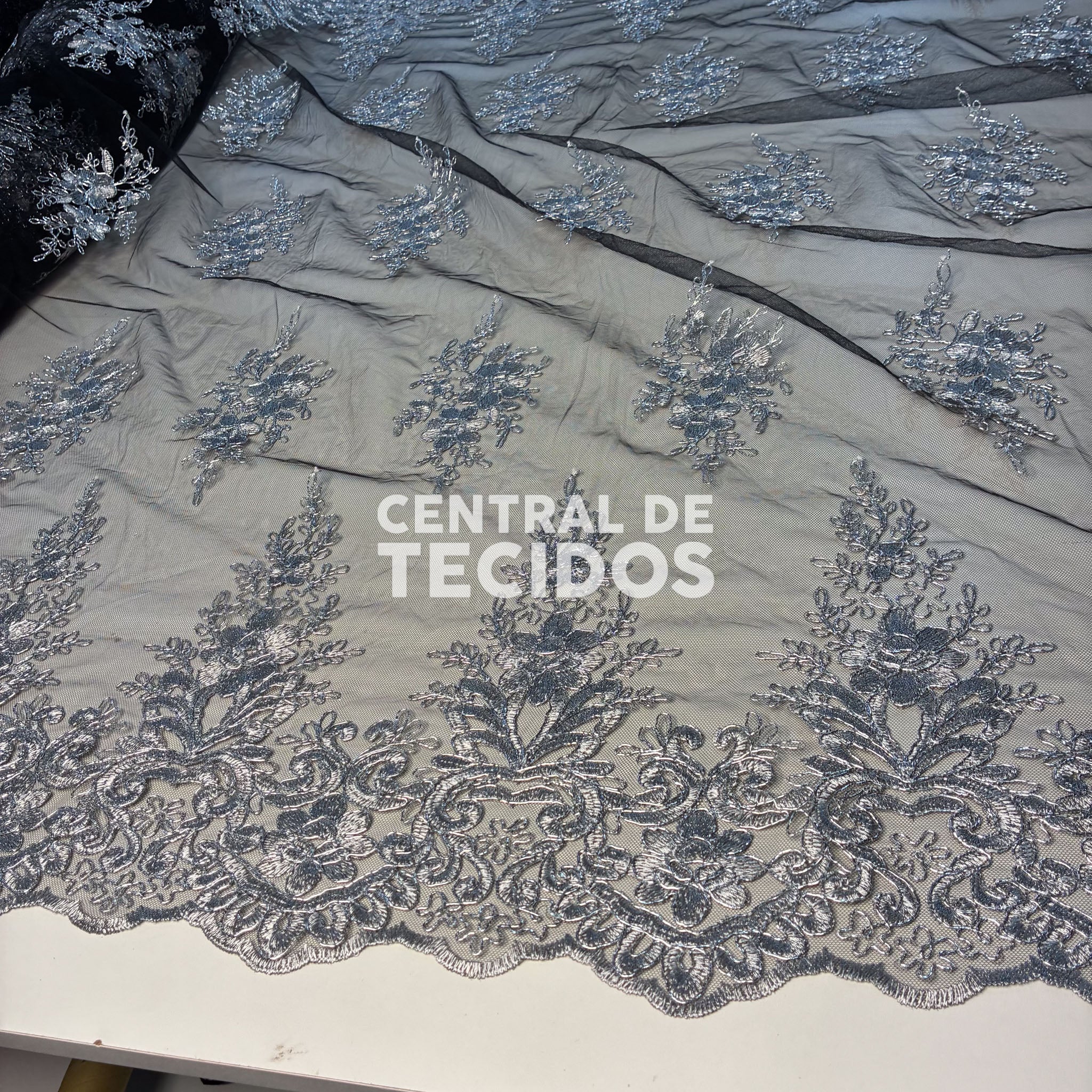 Tule Bordado Metalic Preto com Prata