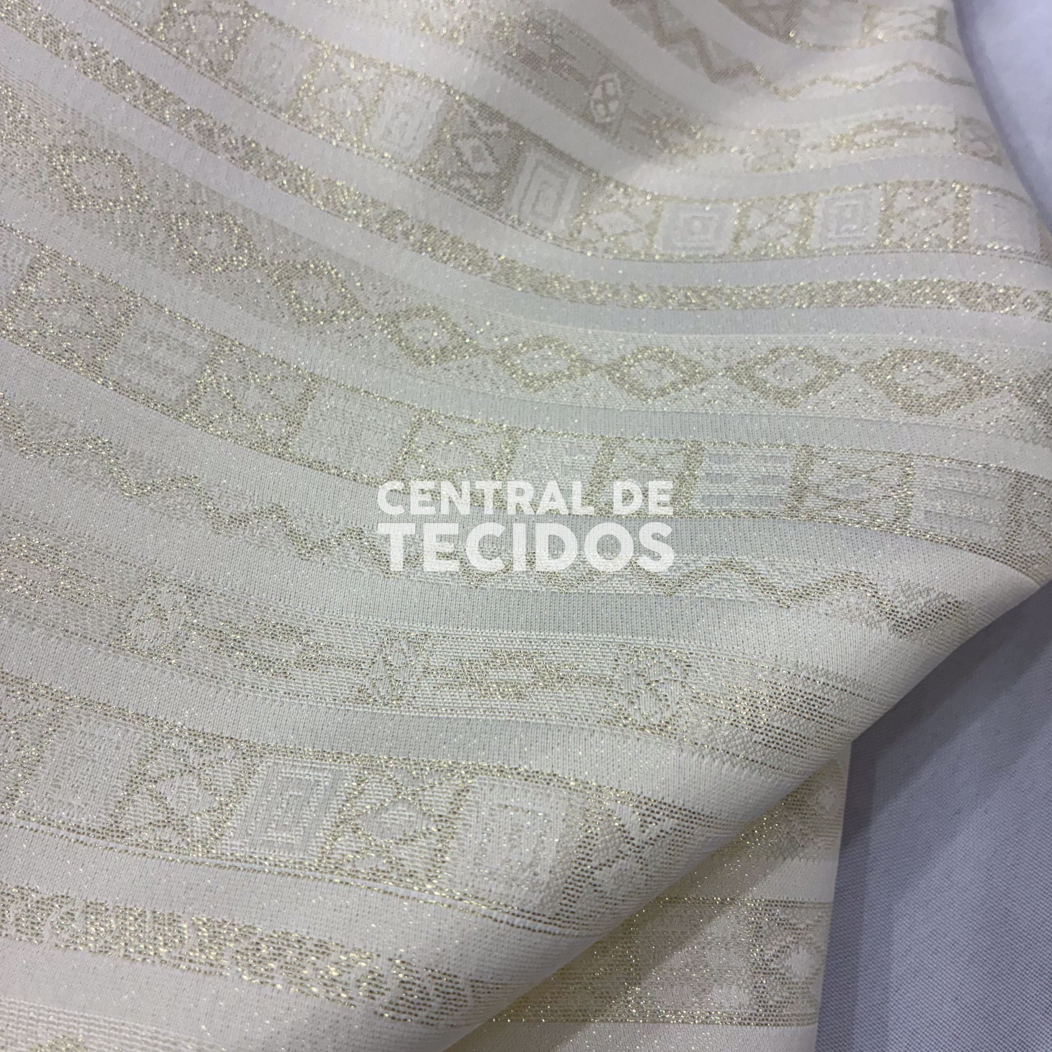 Tecido Jacquard Orixás Branco e Dourado