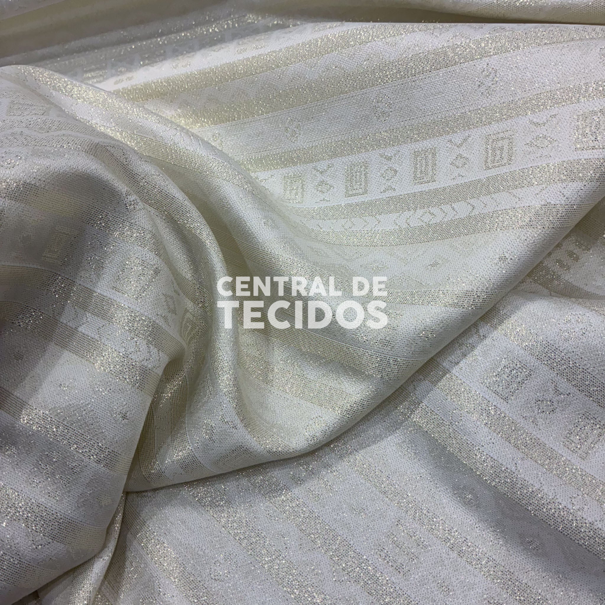 Tecido Jacquard Orixás Branco e Dourado