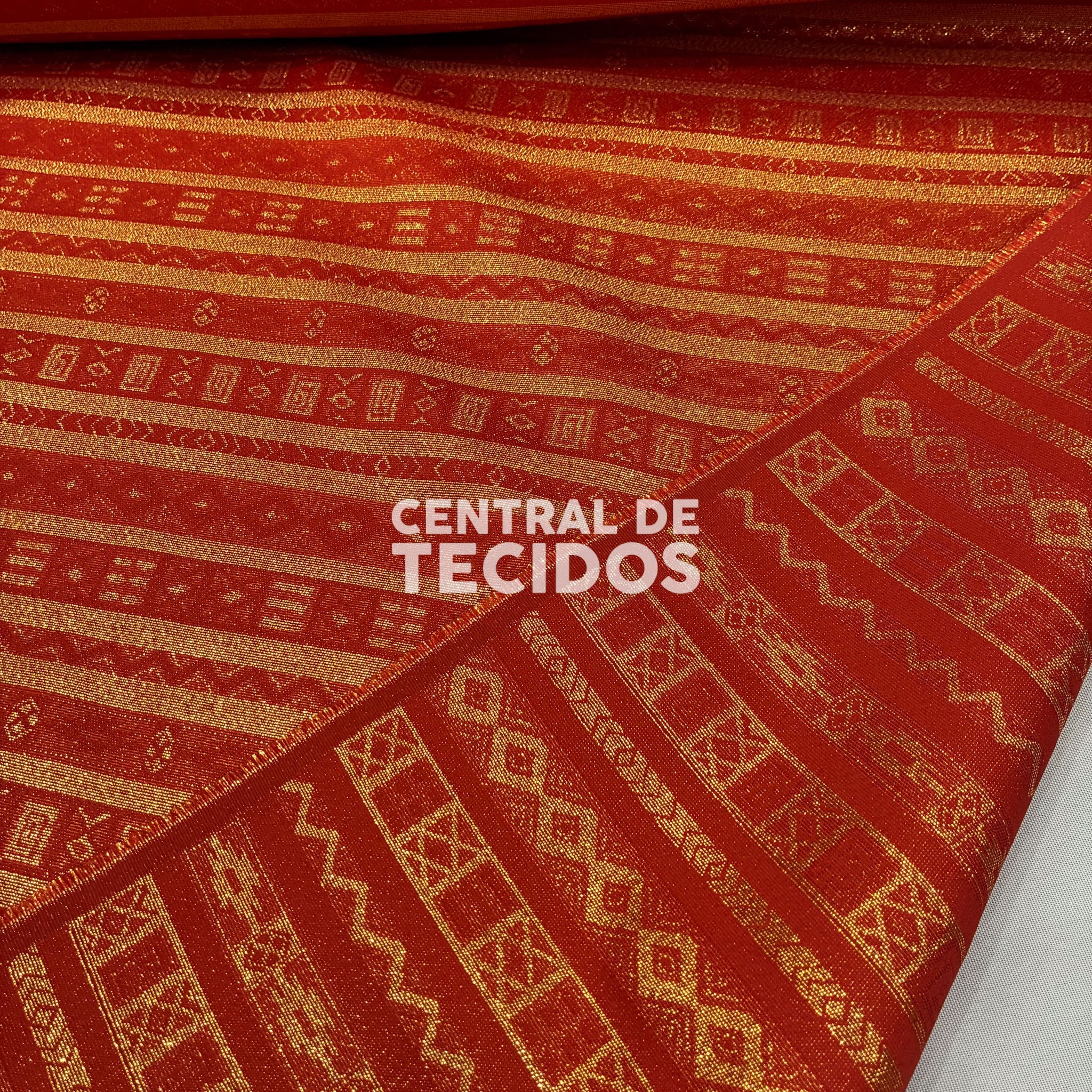 Tecido Jacquard Orixás Vermelho e Dourado