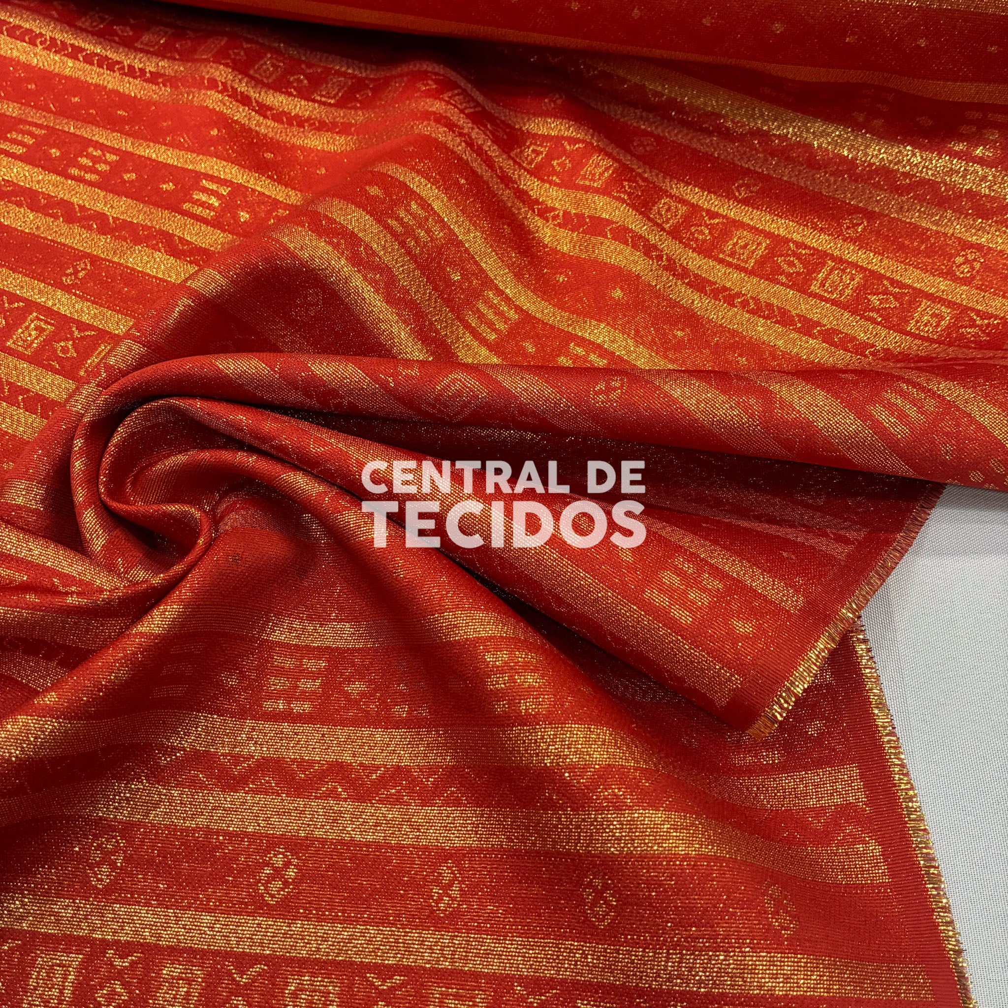 Tecido Jacquard Orixás Vermelho e Dourado