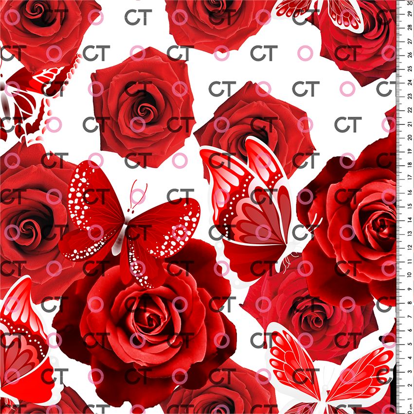 Cetim Rosas e Borboletas Vermelhas Fundo Branco
