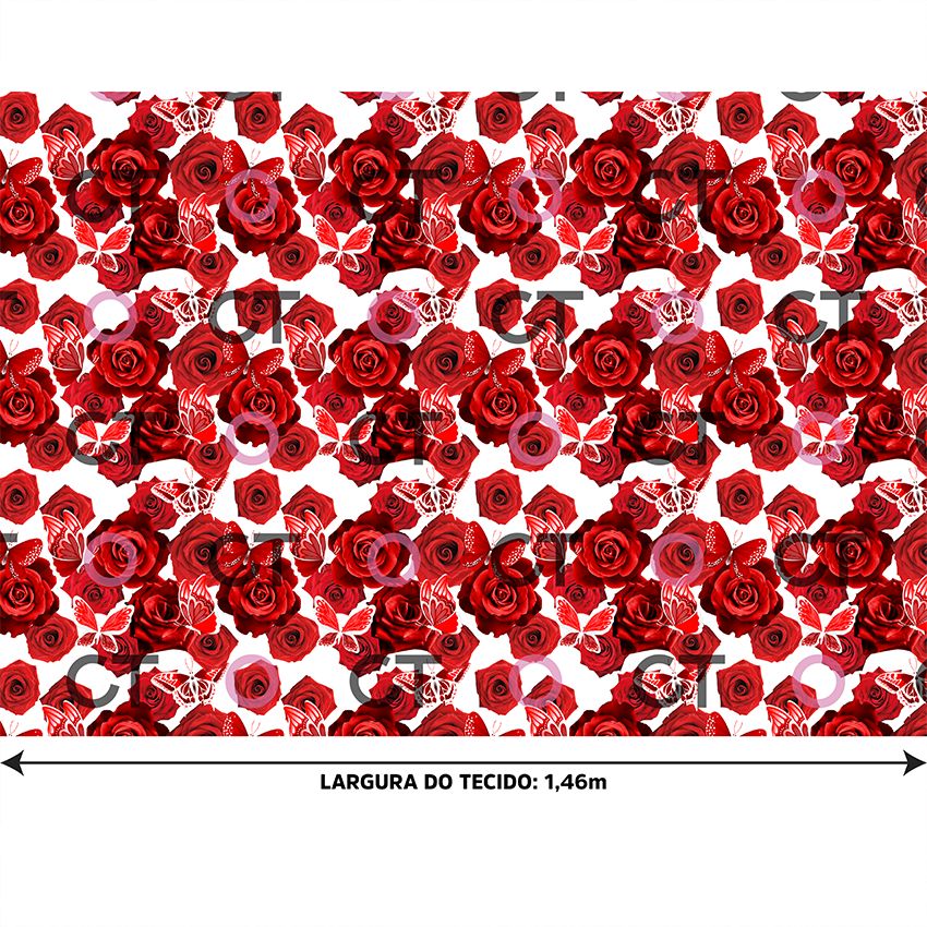 Cetim Rosas e Borboletas Vermelhas Fundo Branco