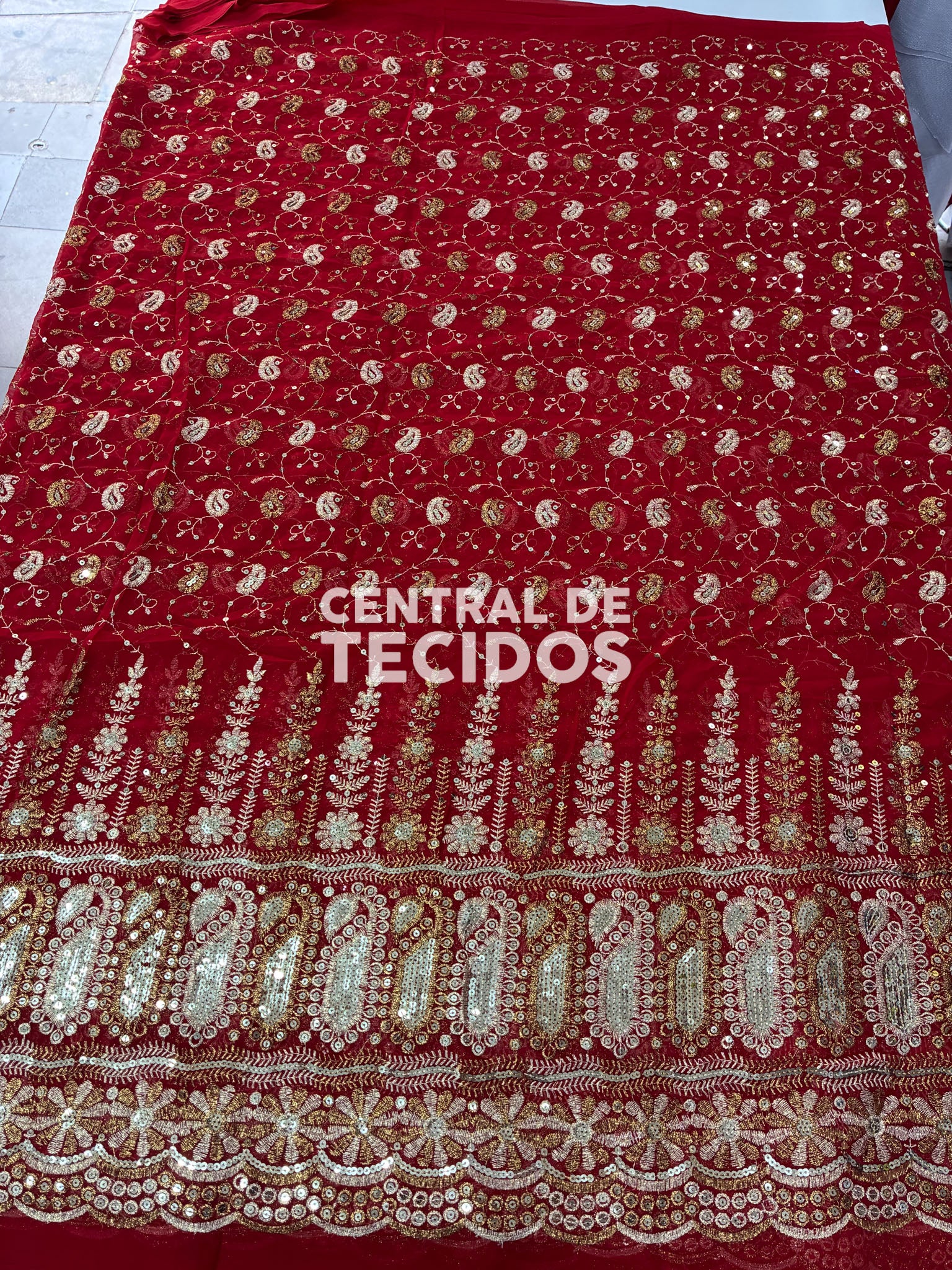 Chiffon Bordado Indiano Vermelho