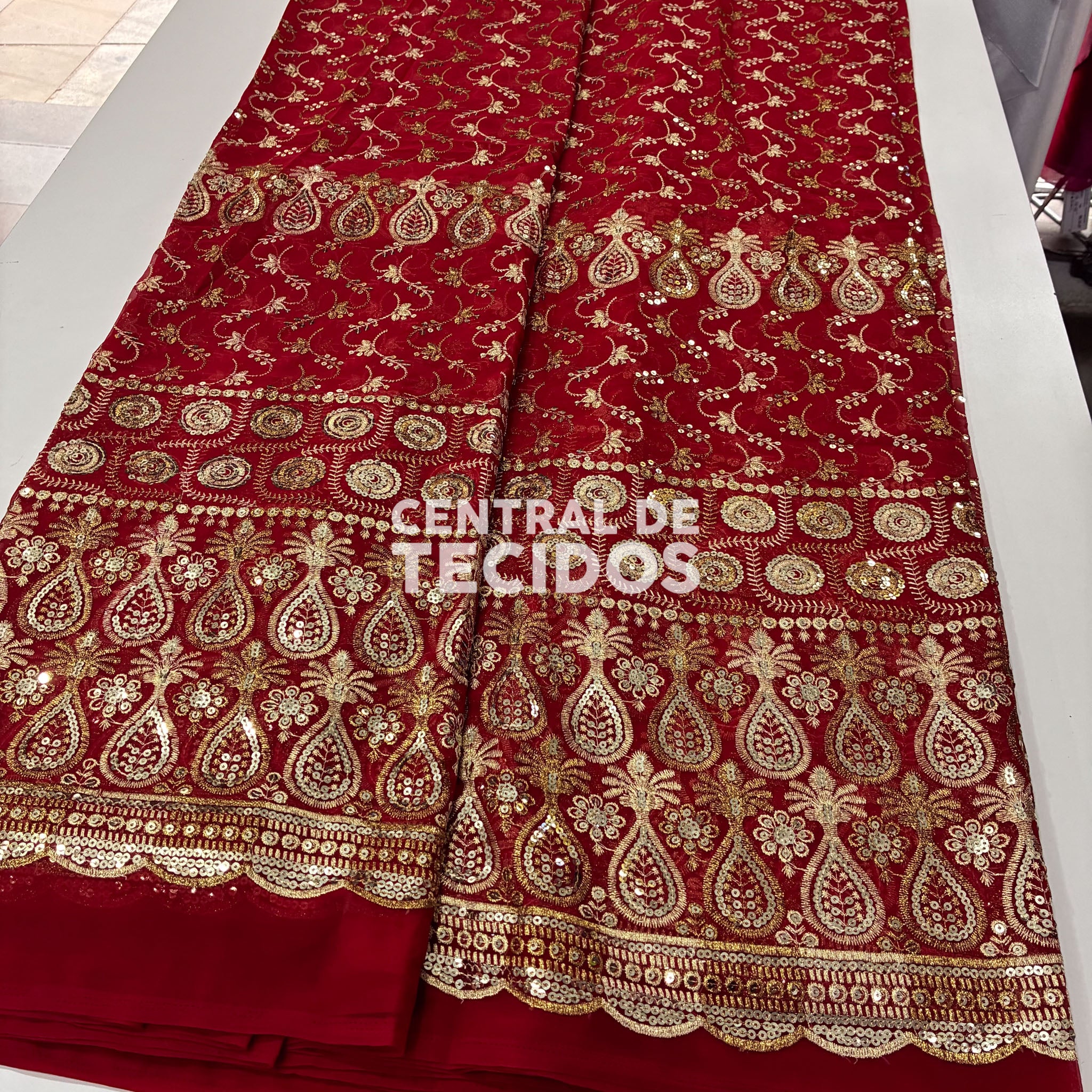 Chiffon Bordado Indiano Vermelho