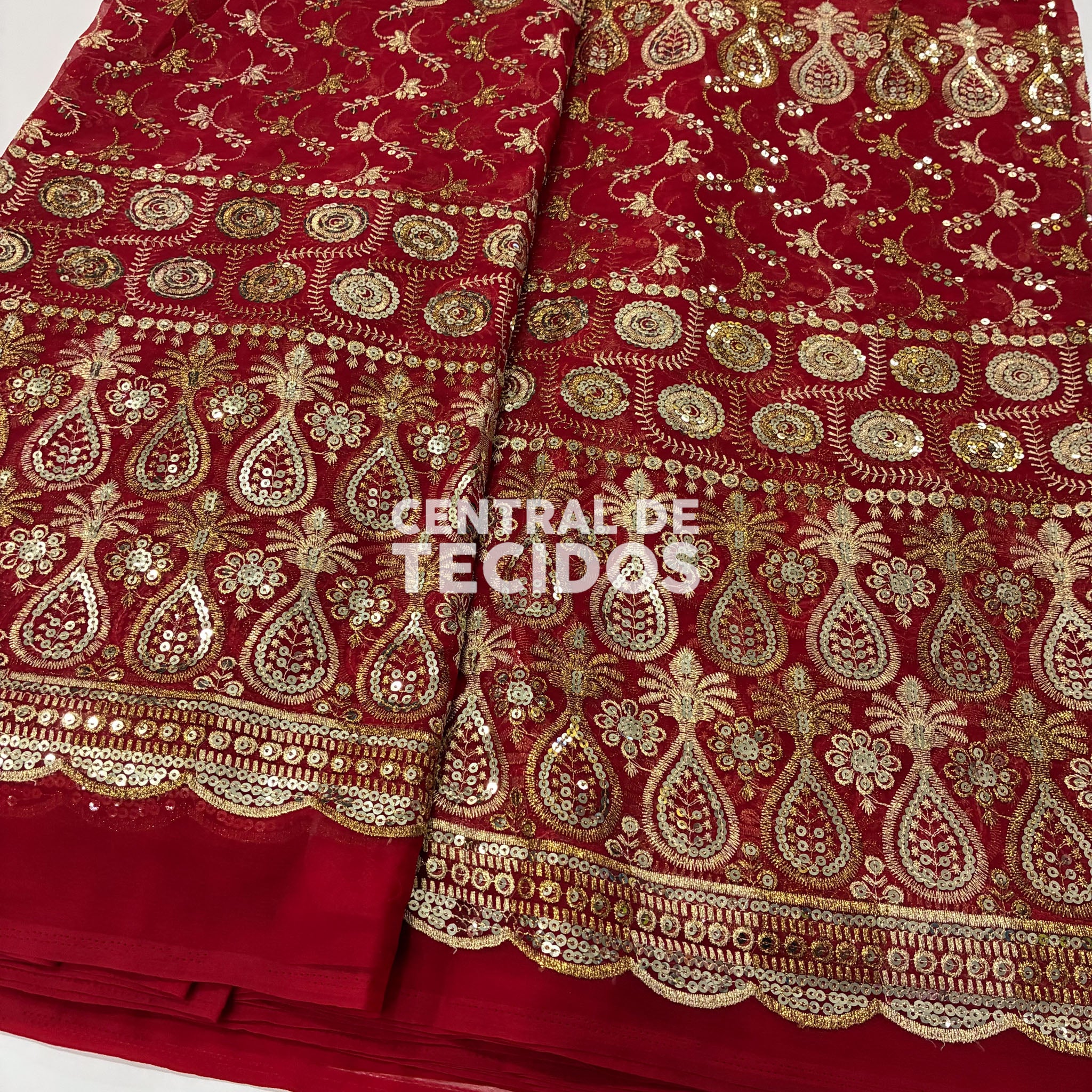 Chiffon Bordado Indiano Vermelho