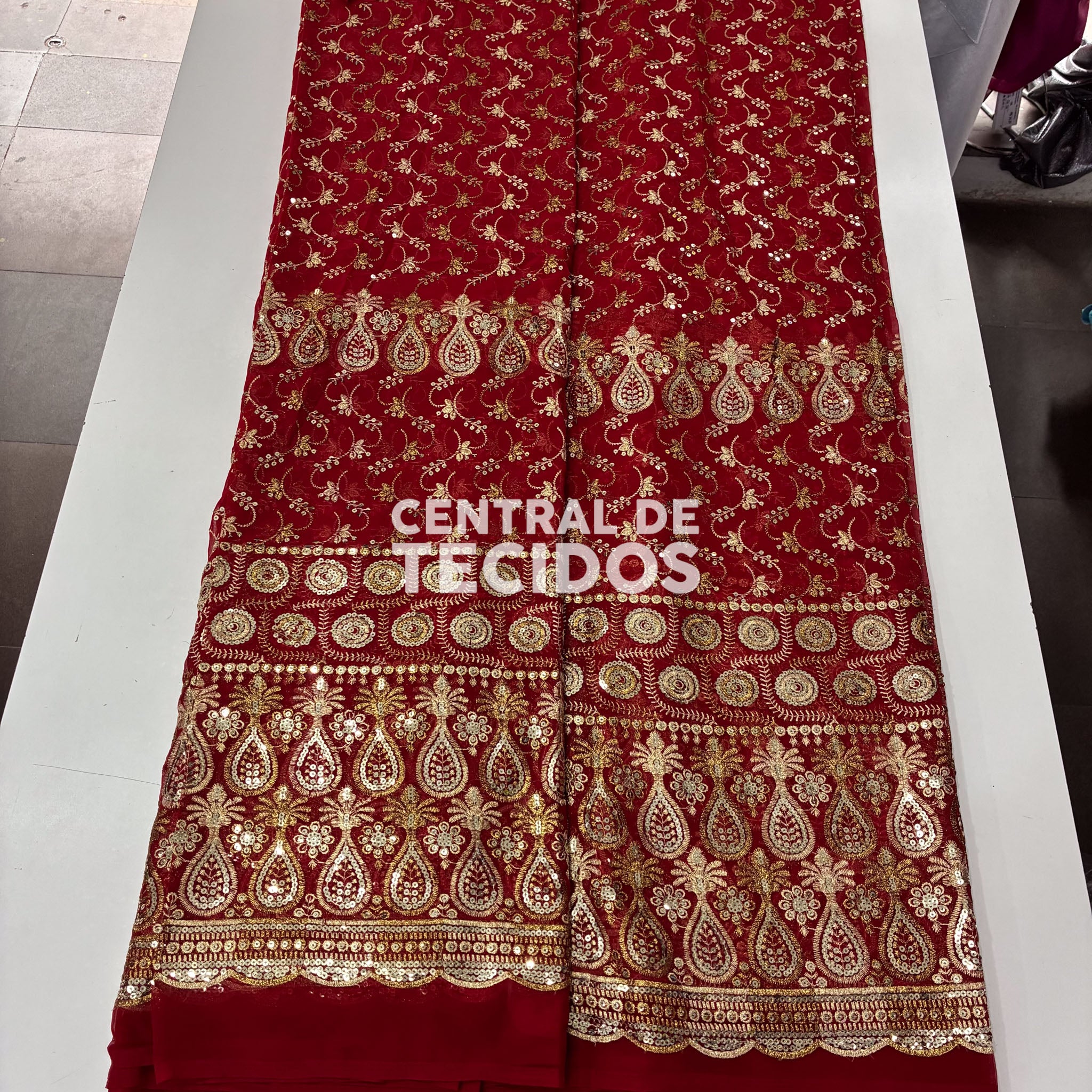 Chiffon Bordado Indiano Vermelho