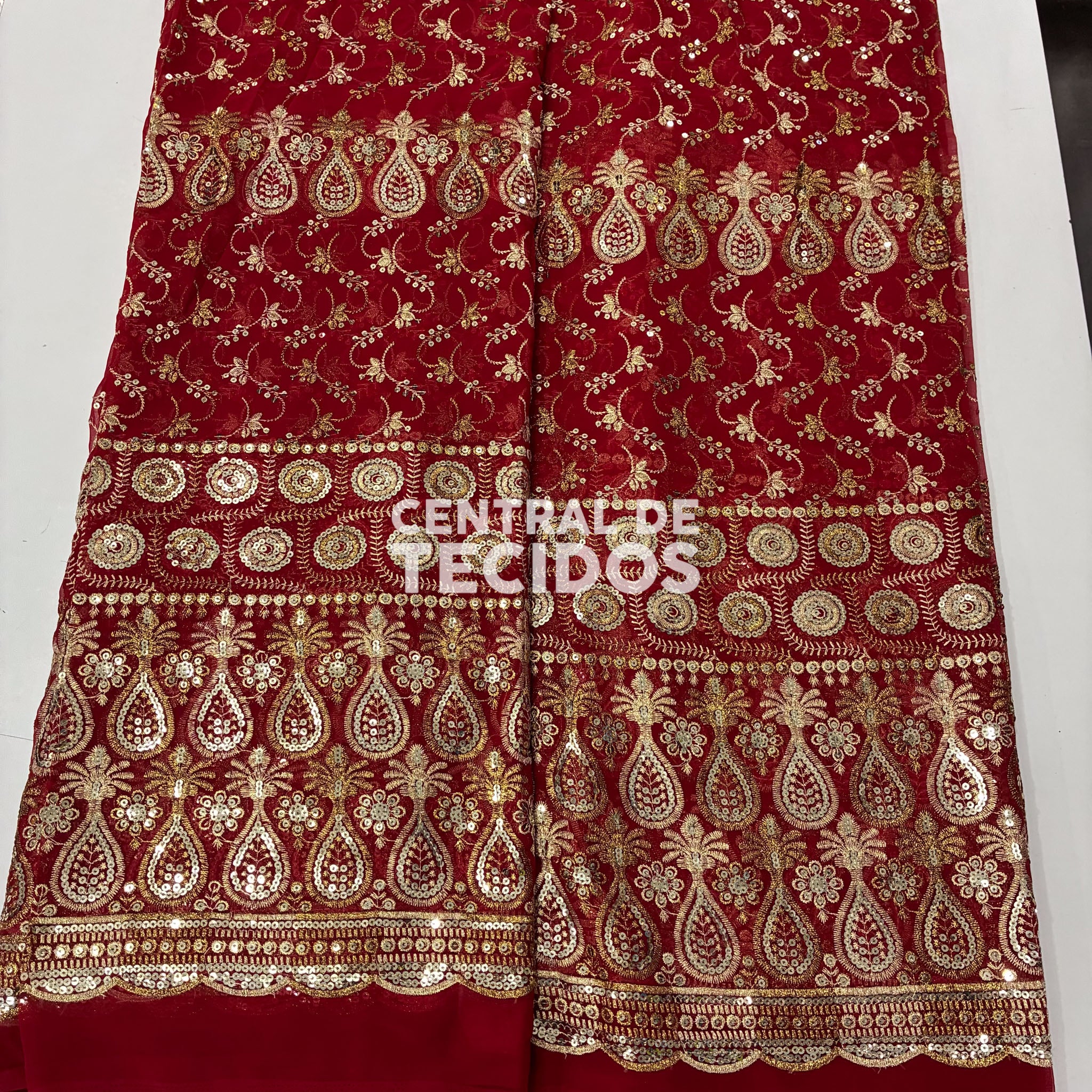 Chiffon Bordado Indiano Vermelho