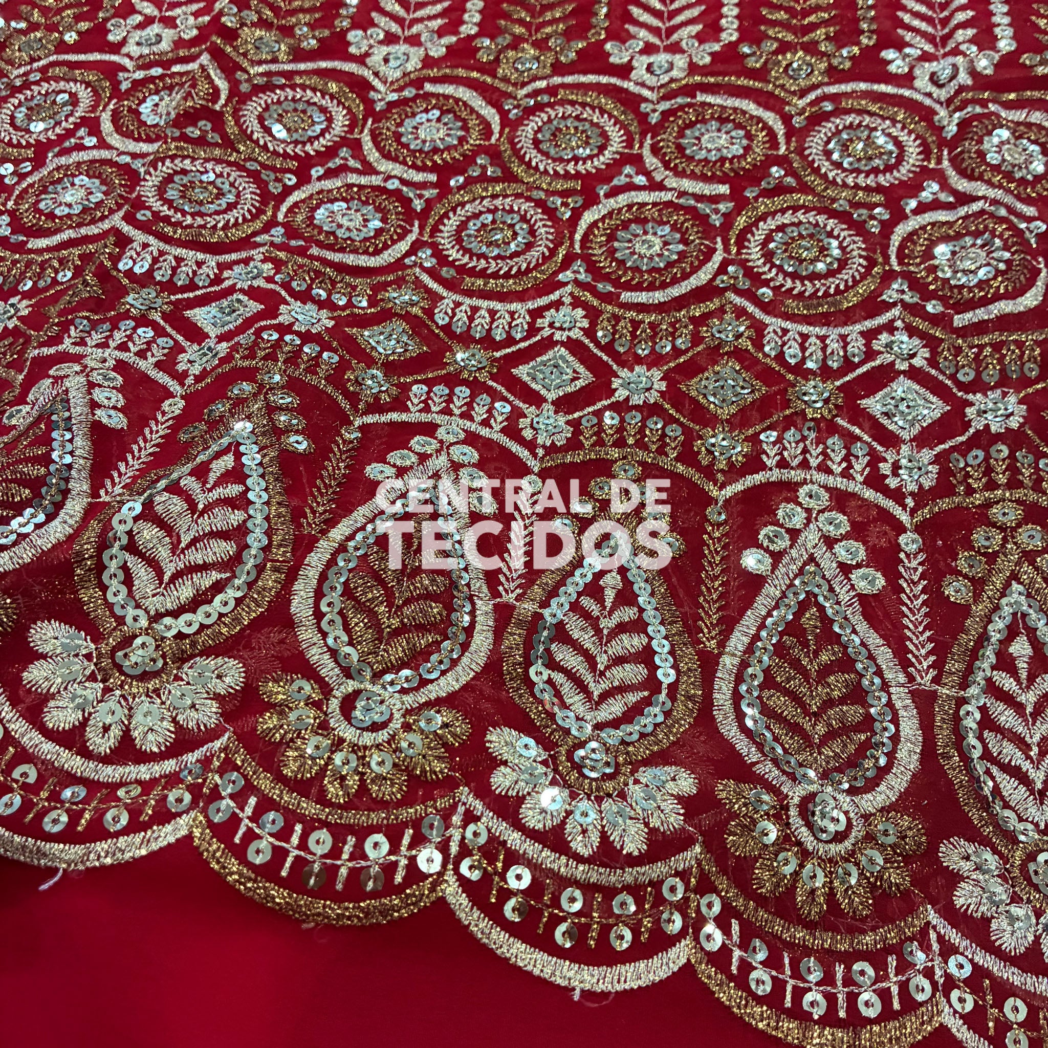 Chiffon Bordado Indiano Vermelho