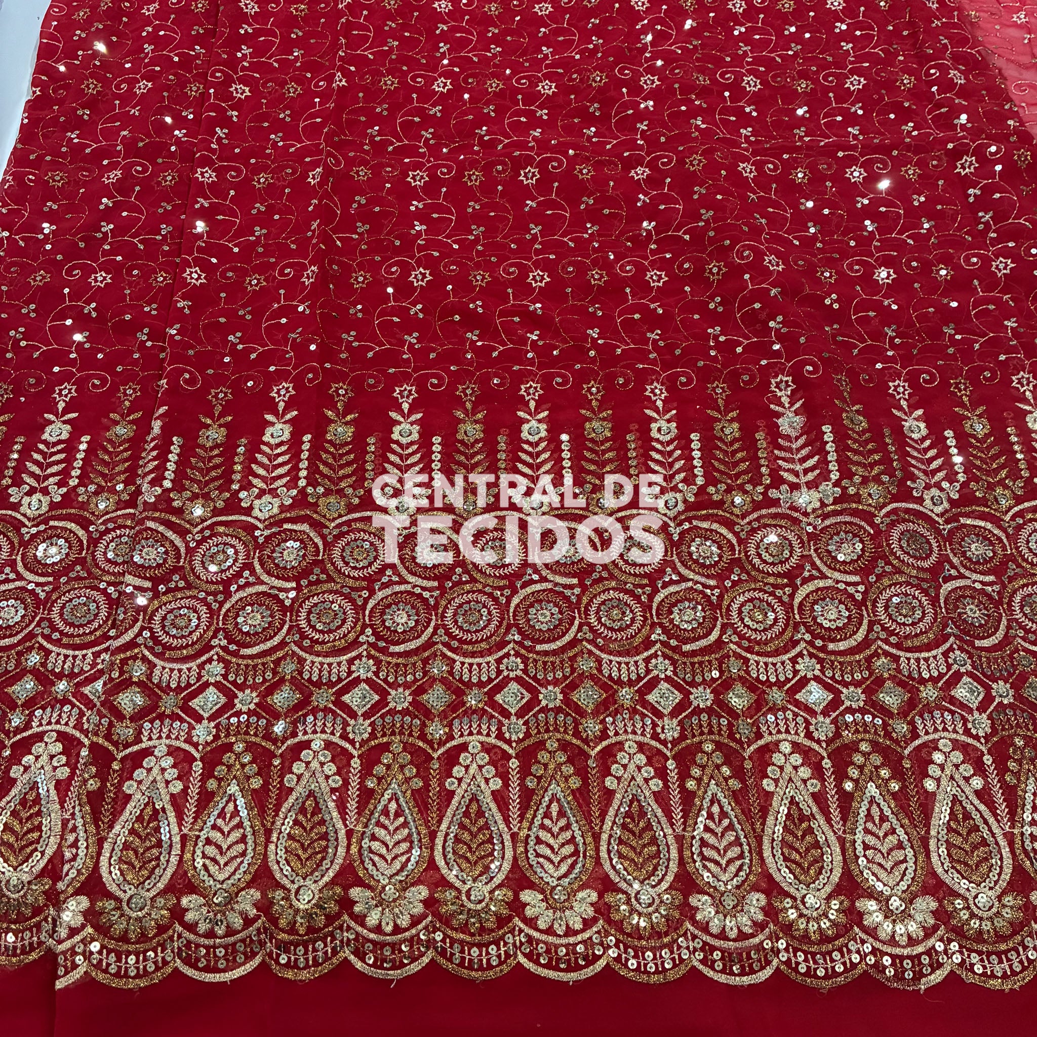 Chiffon Bordado Indiano Vermelho