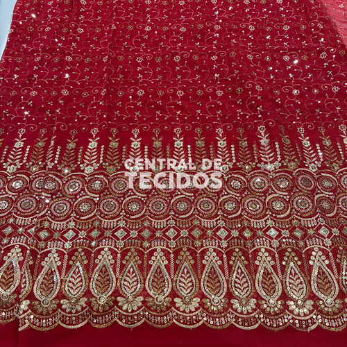 Chiffon Bordado Indiano Vermelho