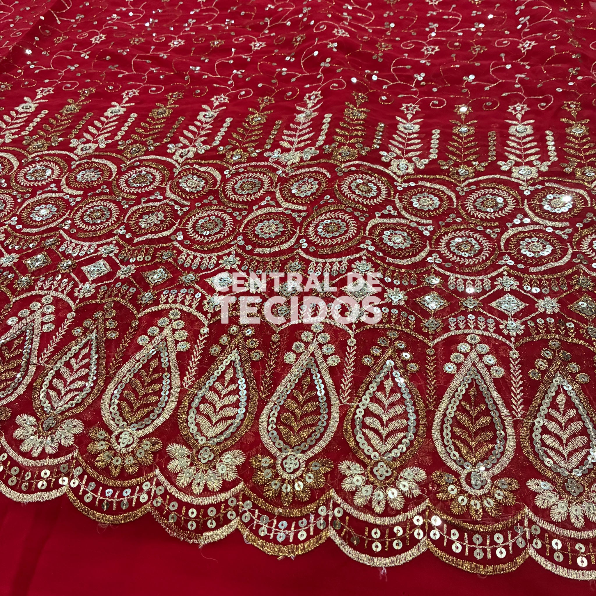 Chiffon Bordado Indiano Vermelho