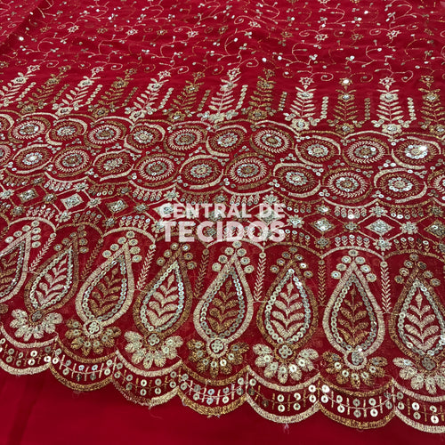 Chiffon Bordado Indiano Vermelho