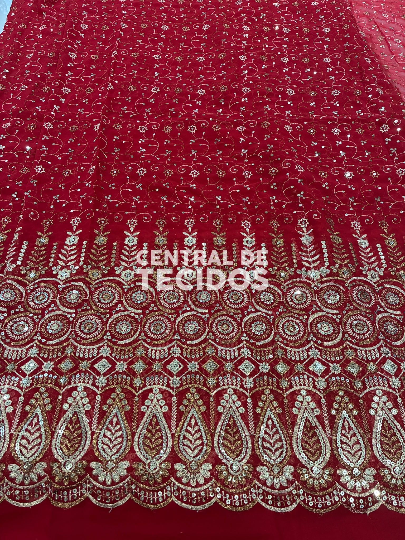 Chiffon Bordado Indiano Vermelho