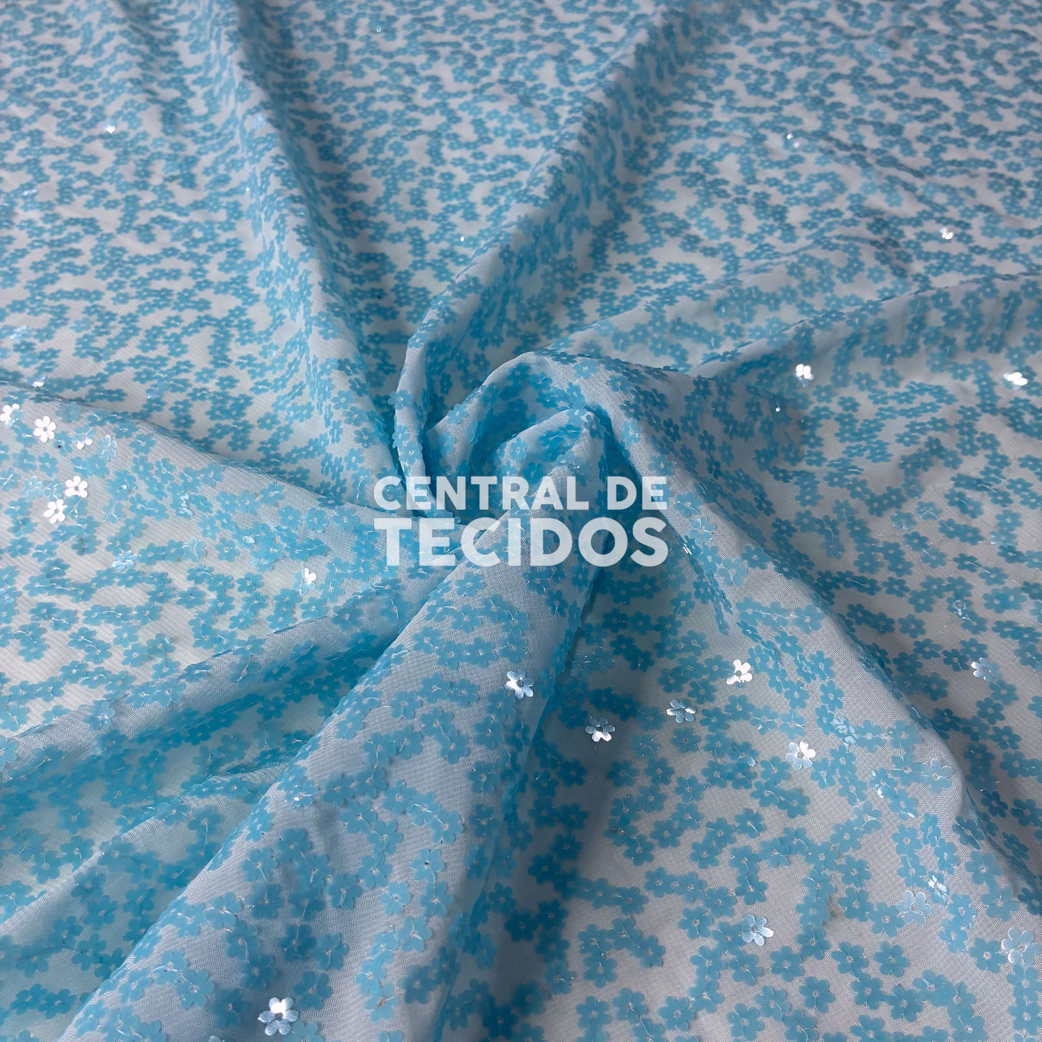 Musseline Bordado Flower Power Azul Ciano