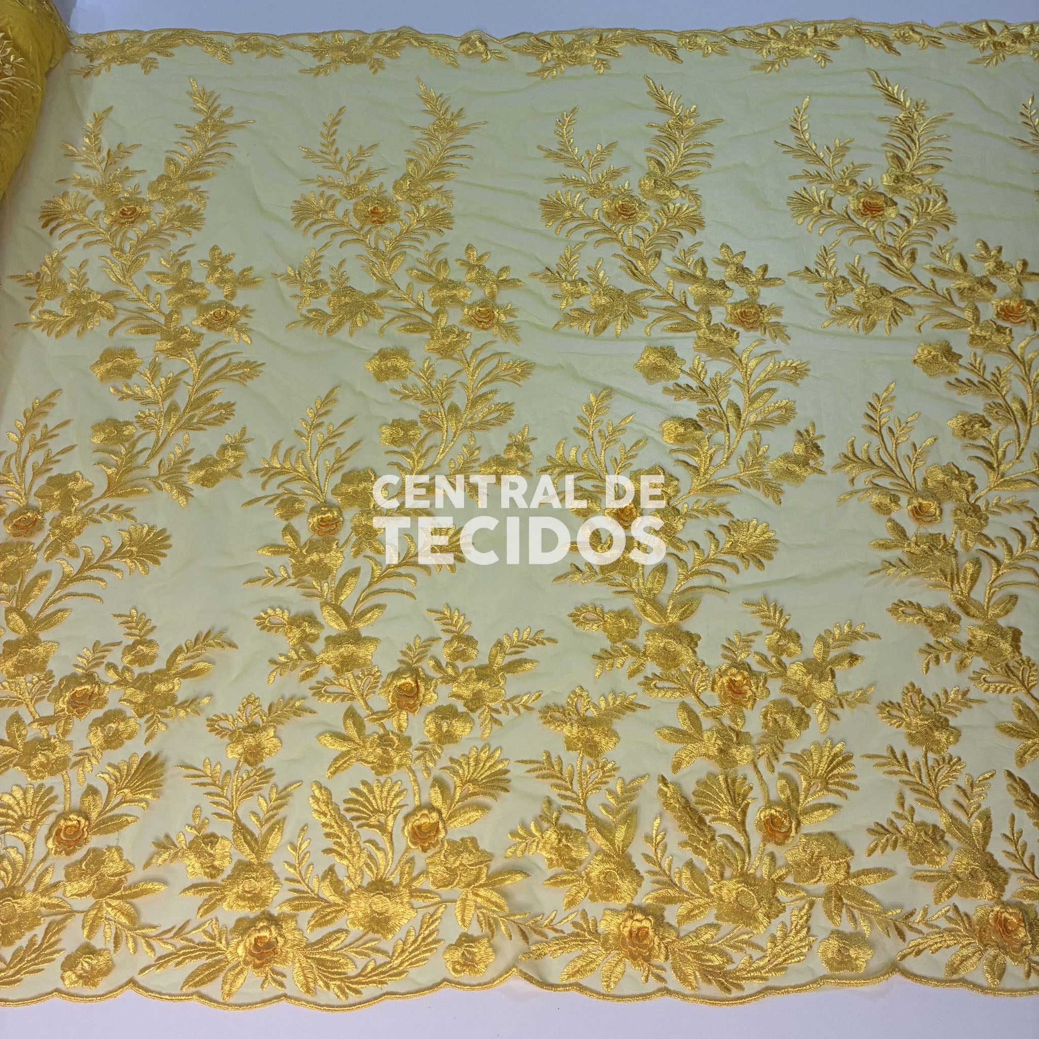 Tule Bordado London 3D Amarelo