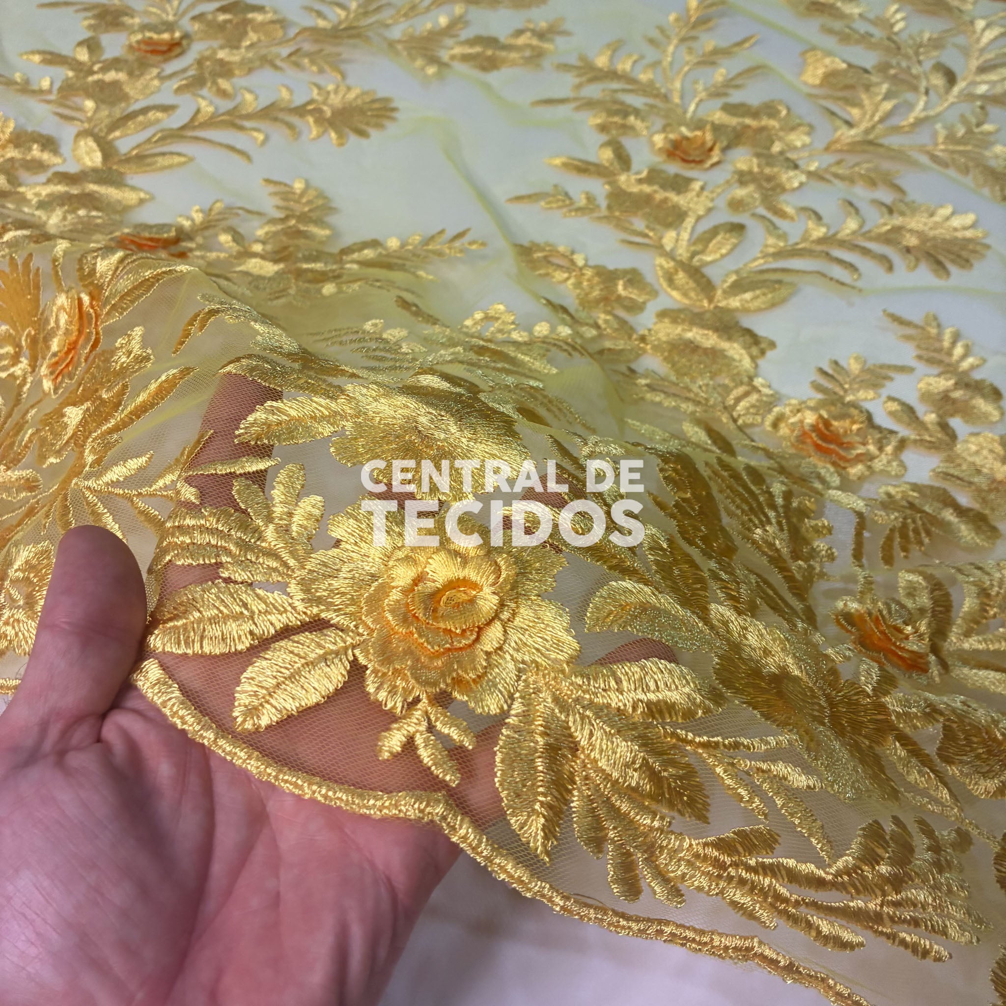Tule Bordado London 3D Amarelo