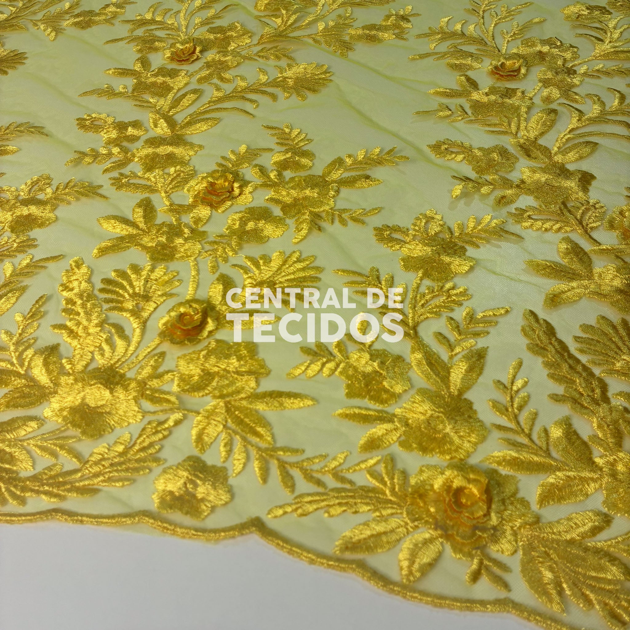 Tule Bordado London 3D Amarelo