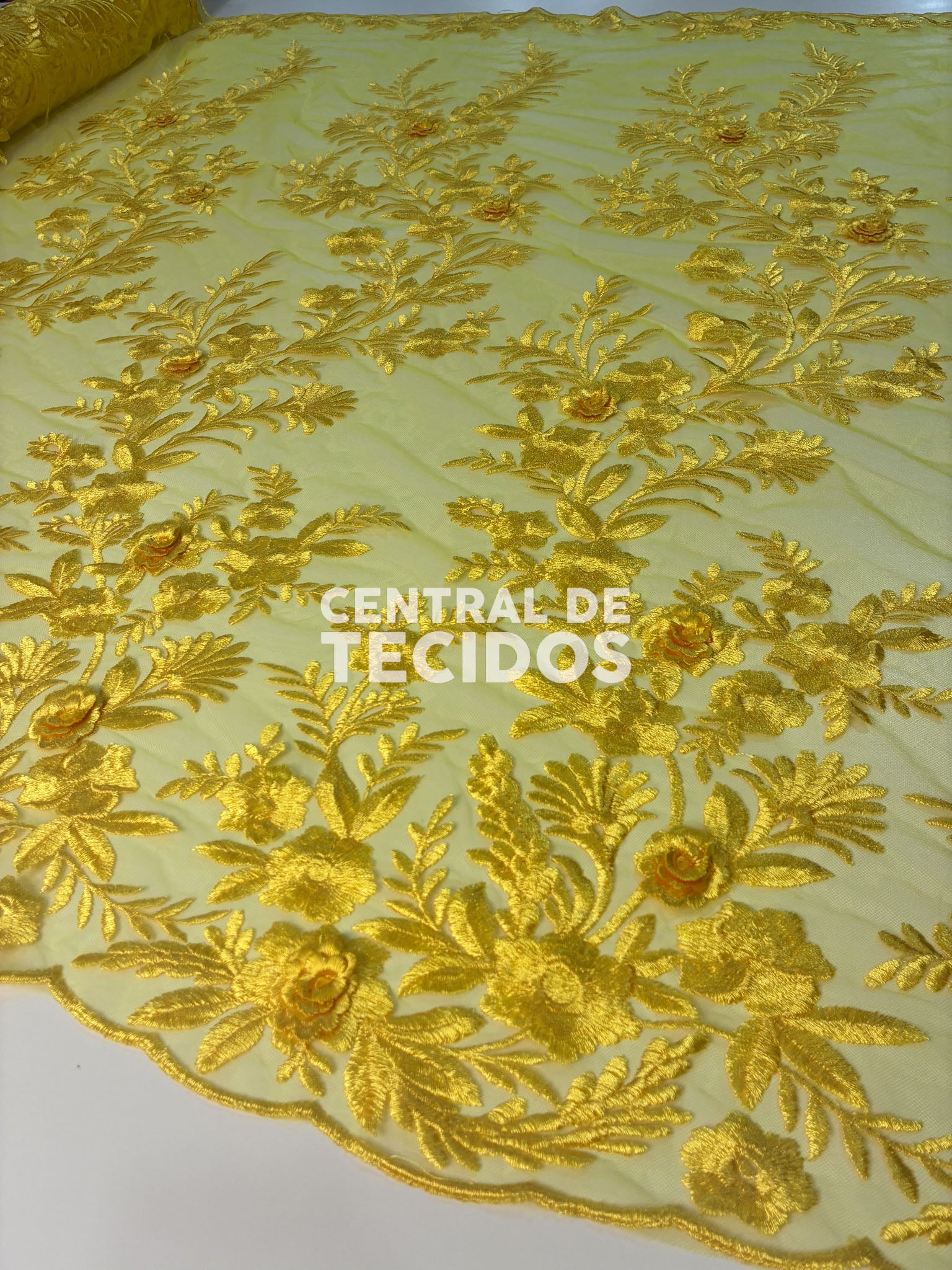 Tule Bordado London 3D Amarelo