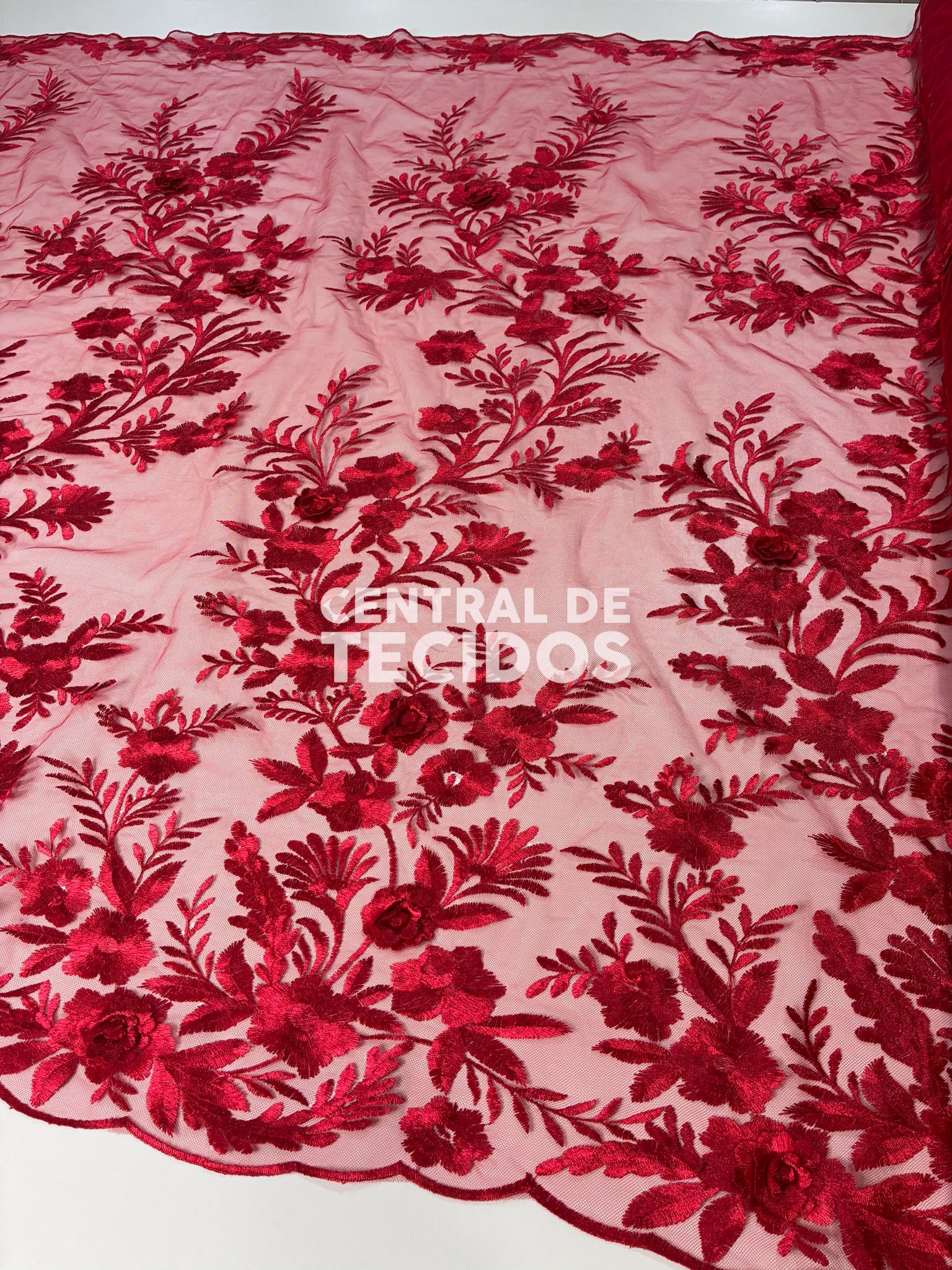 Tule Bordado London 3D Vermelho