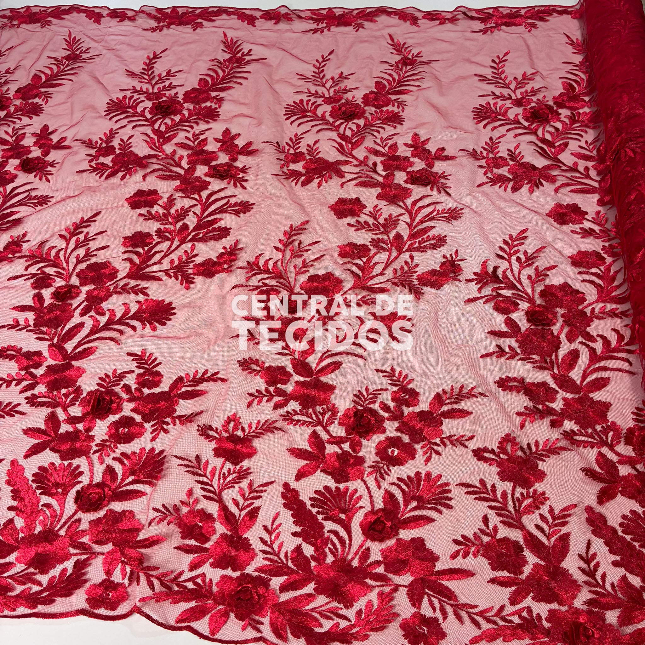 Tule Bordado London 3D Vermelho