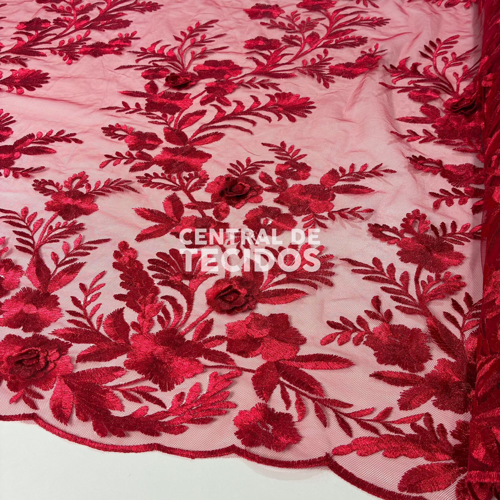 Tule Bordado London 3D Vermelho