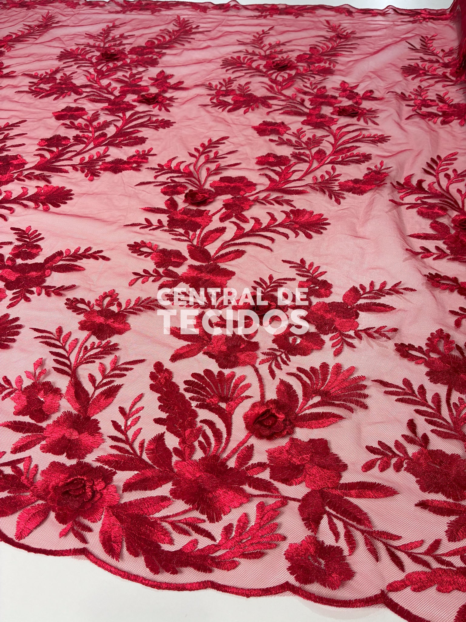 Tule Bordado London 3D Vermelho