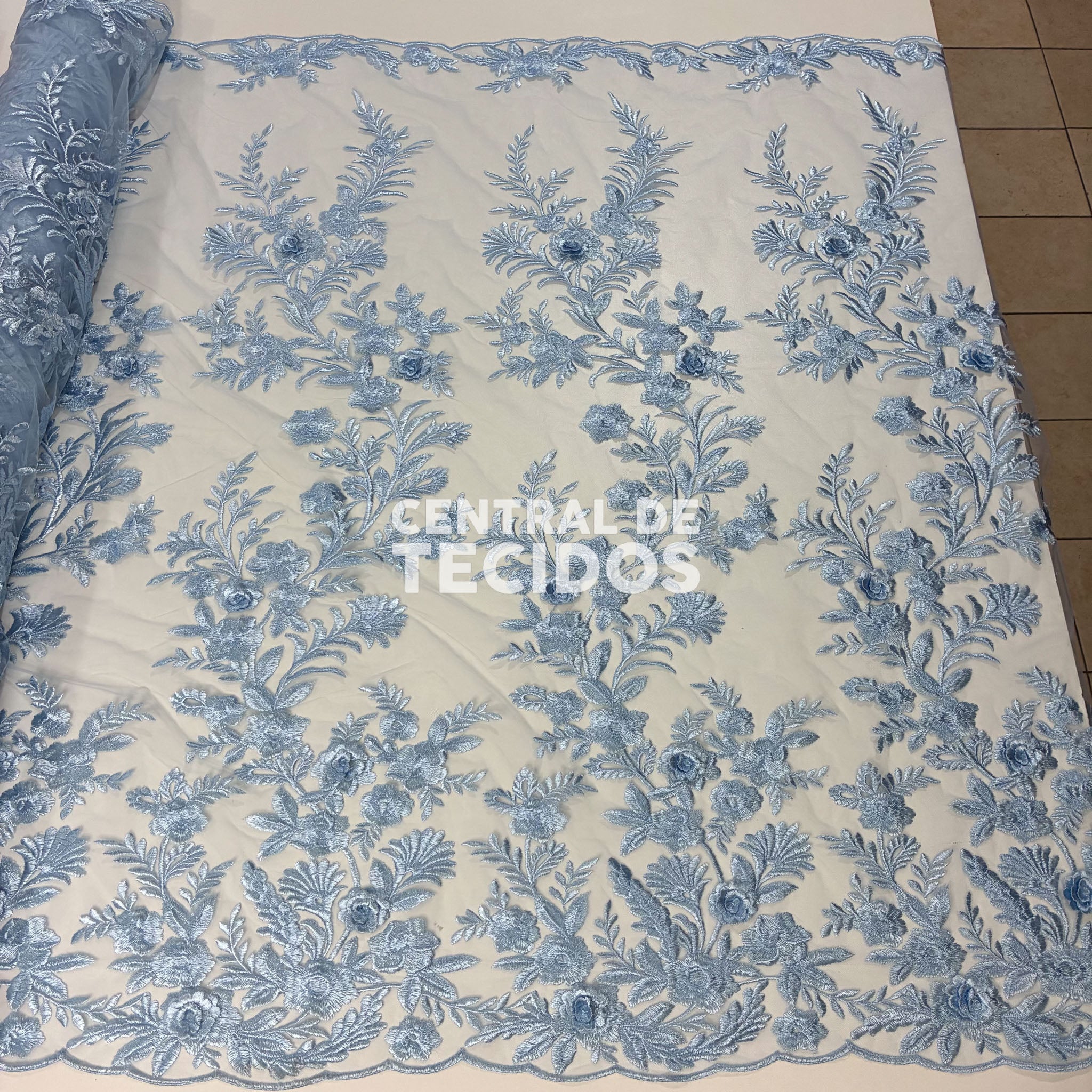 Tule Bordado London 3D Azul Bebê