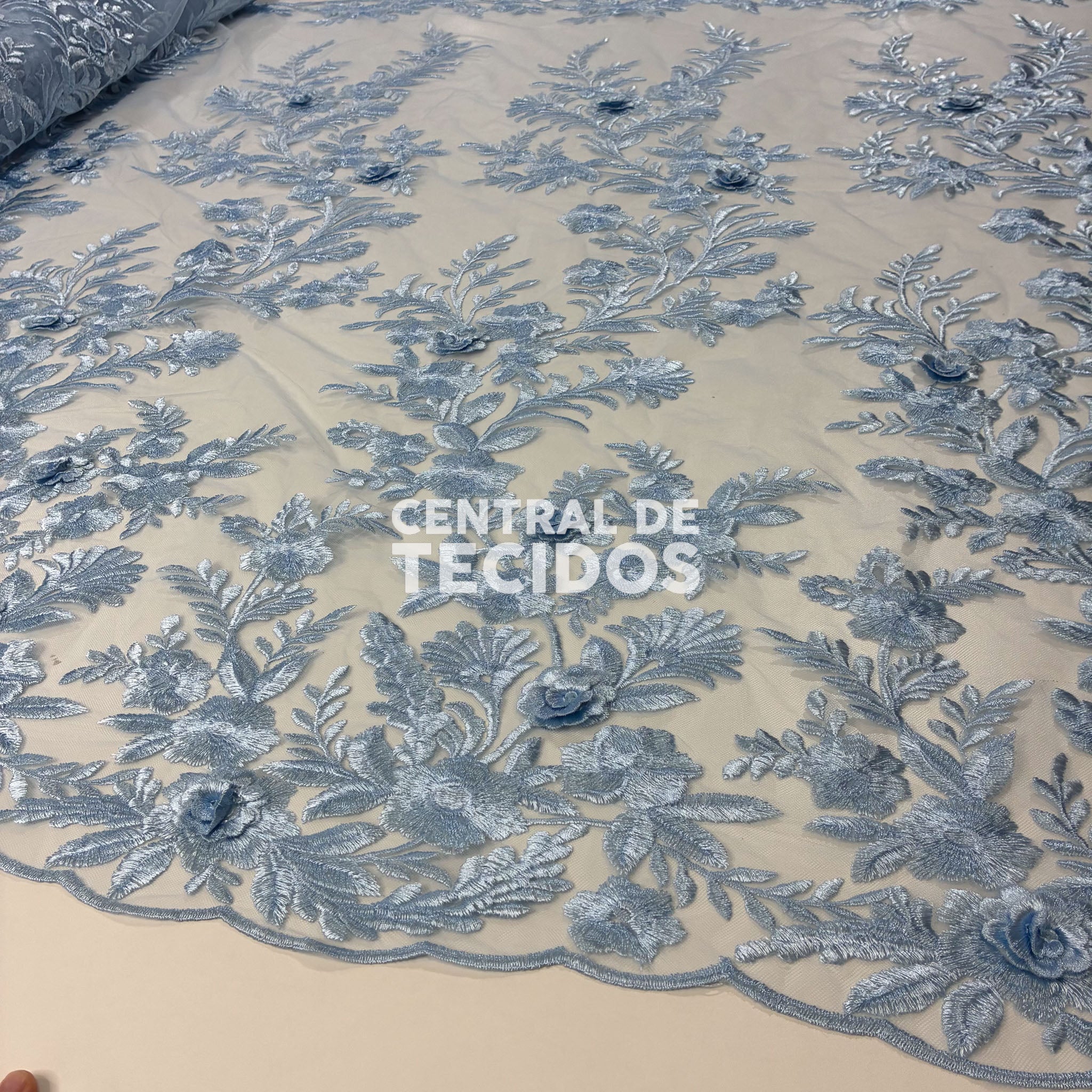 Tule Bordado London 3D Azul Bebê