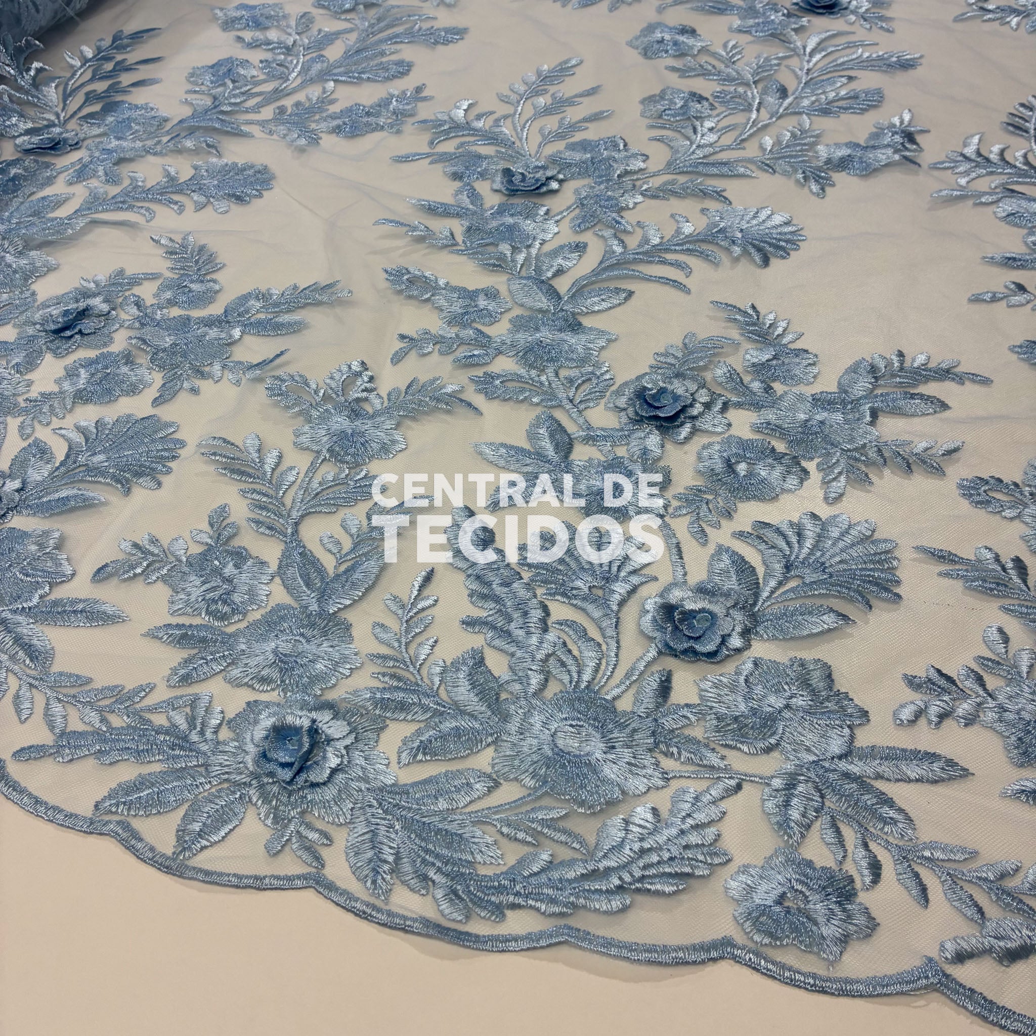 Tule Bordado London 3D Azul Bebê