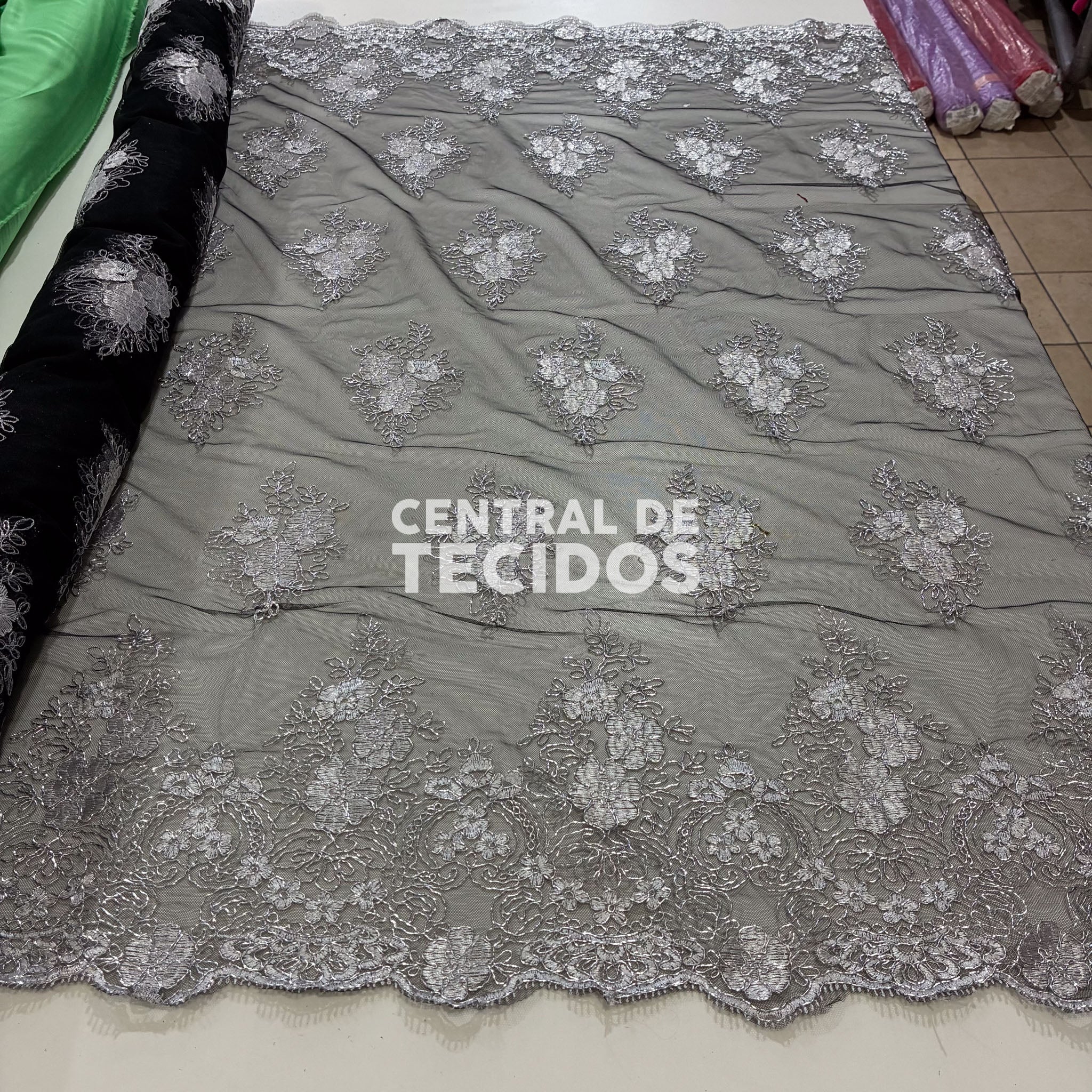Tule Bordado Metálico Godess 556 Preto e Prata