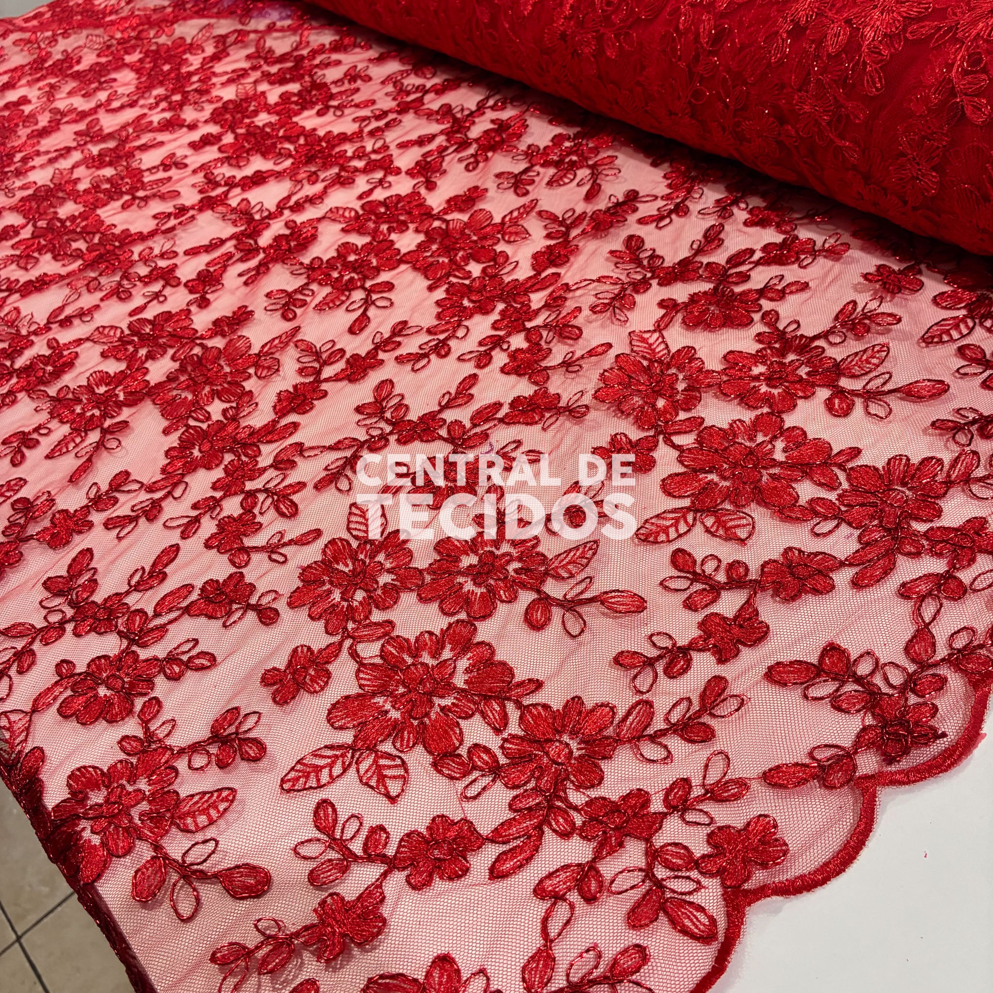Tule Bordado Metálico Godess Vermelho 555