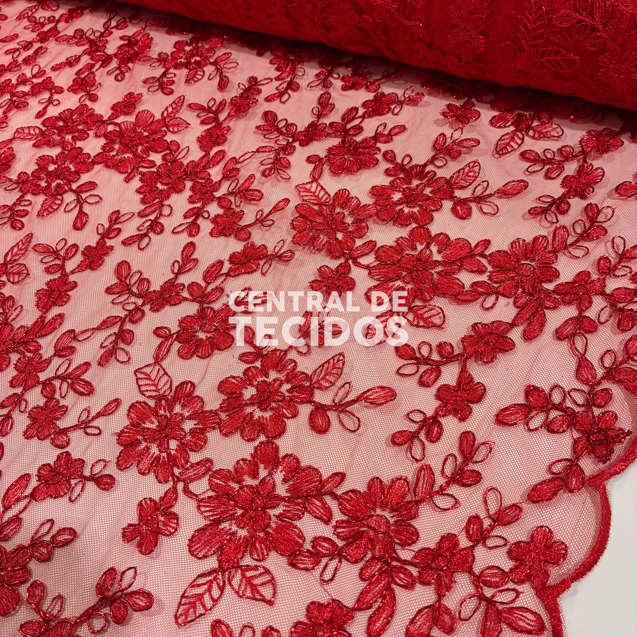 Tule Bordado Metálico Godess Vermelho 555