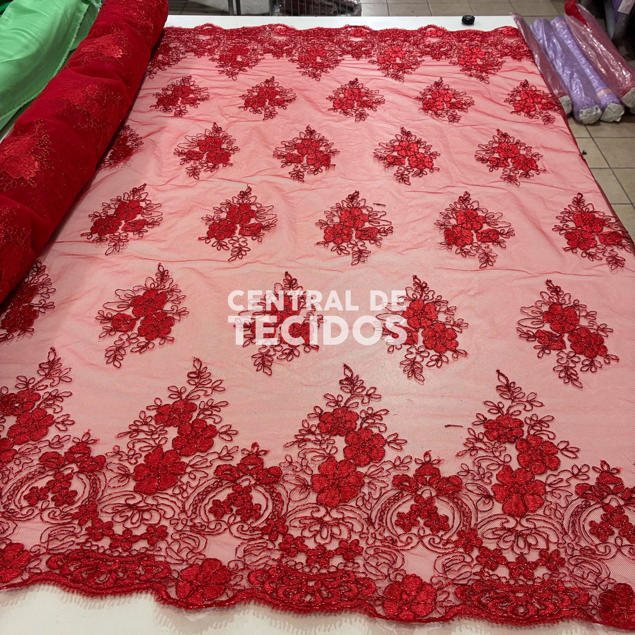 Tule Bordado Metálico Godess 556 Vermelho