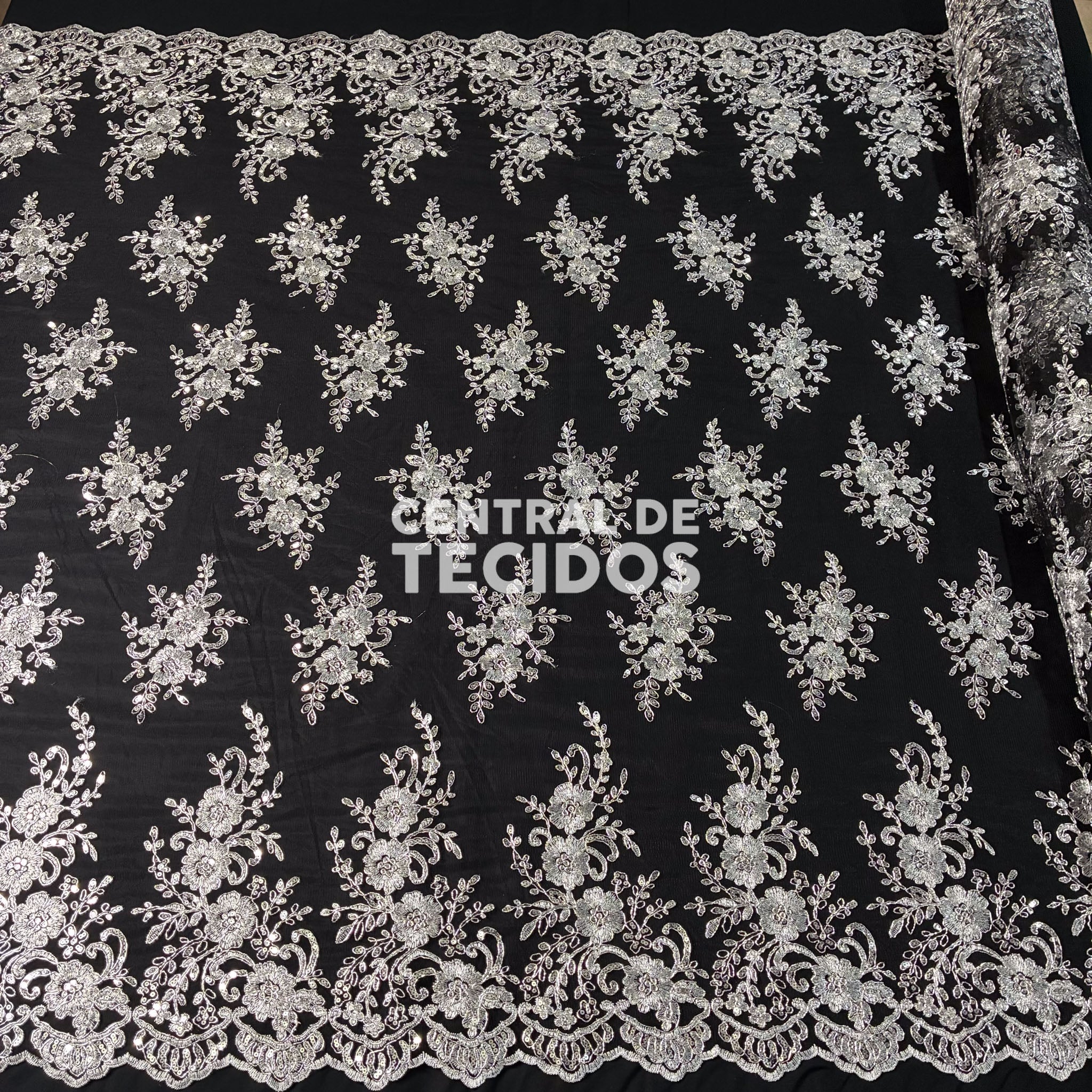 Tule Bordado Soho Preto Prata