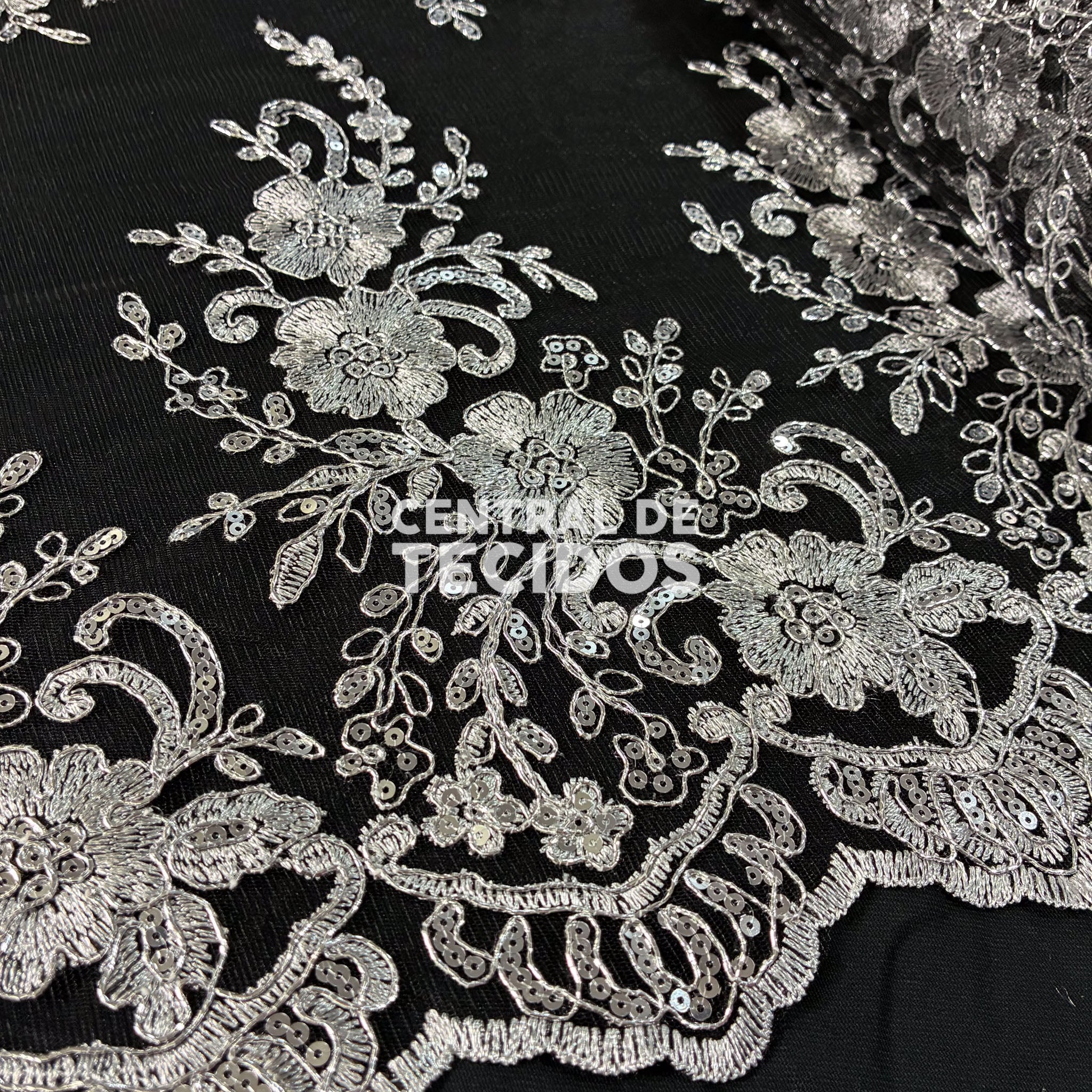 Tule Bordado Soho Preto Prata