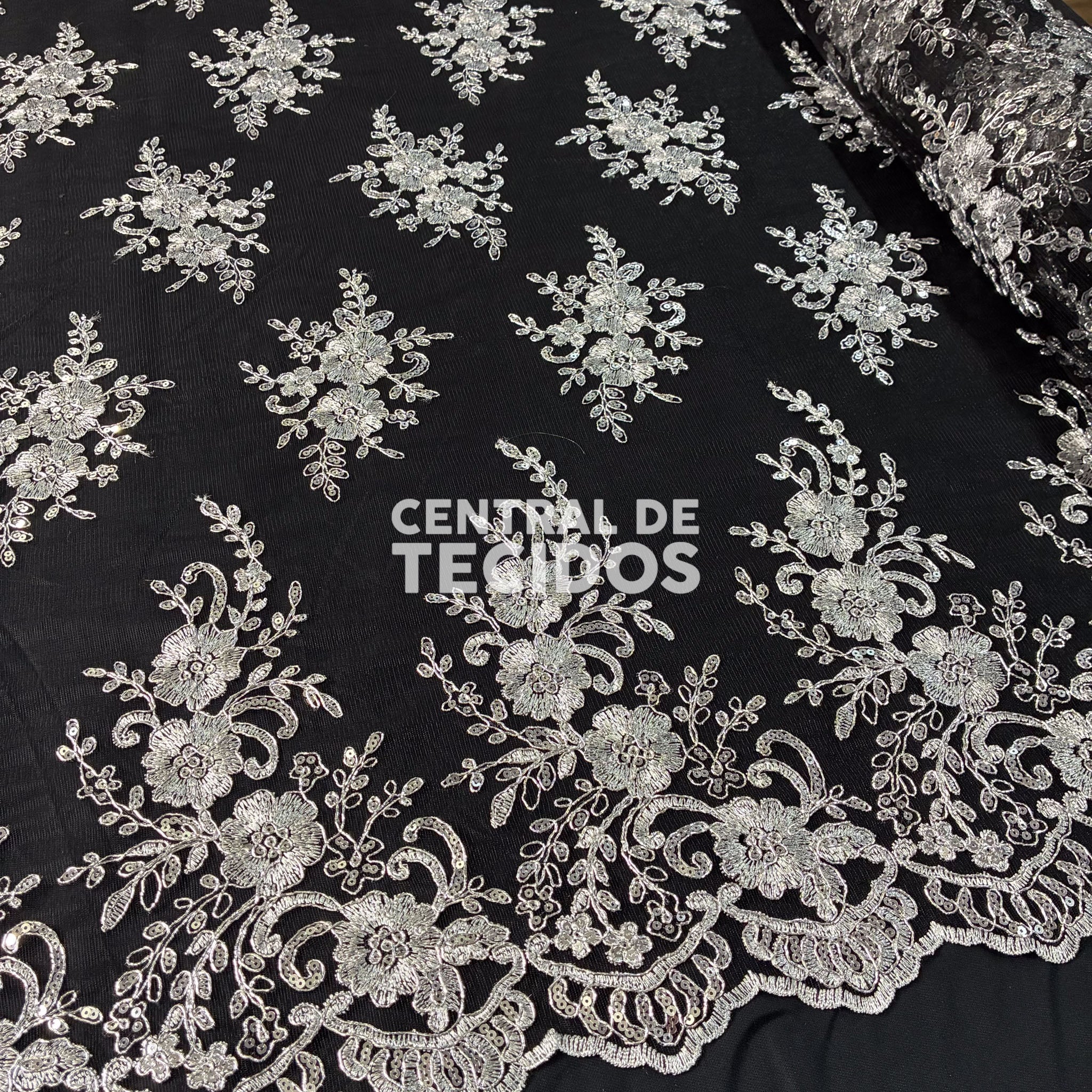 Tule Bordado Soho Preto Prata