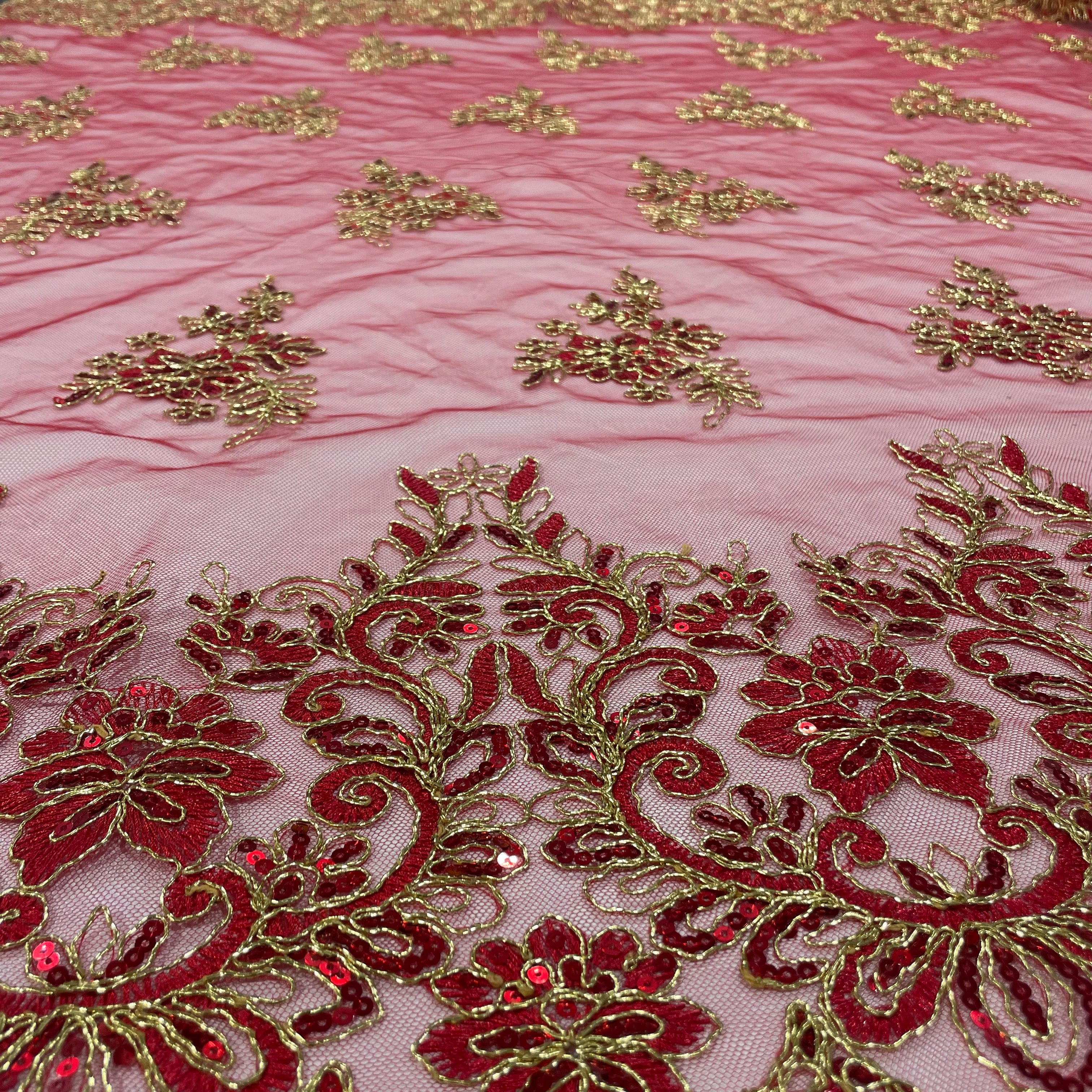 Tule Bordado Soho Metalic Vermelho e Dourado