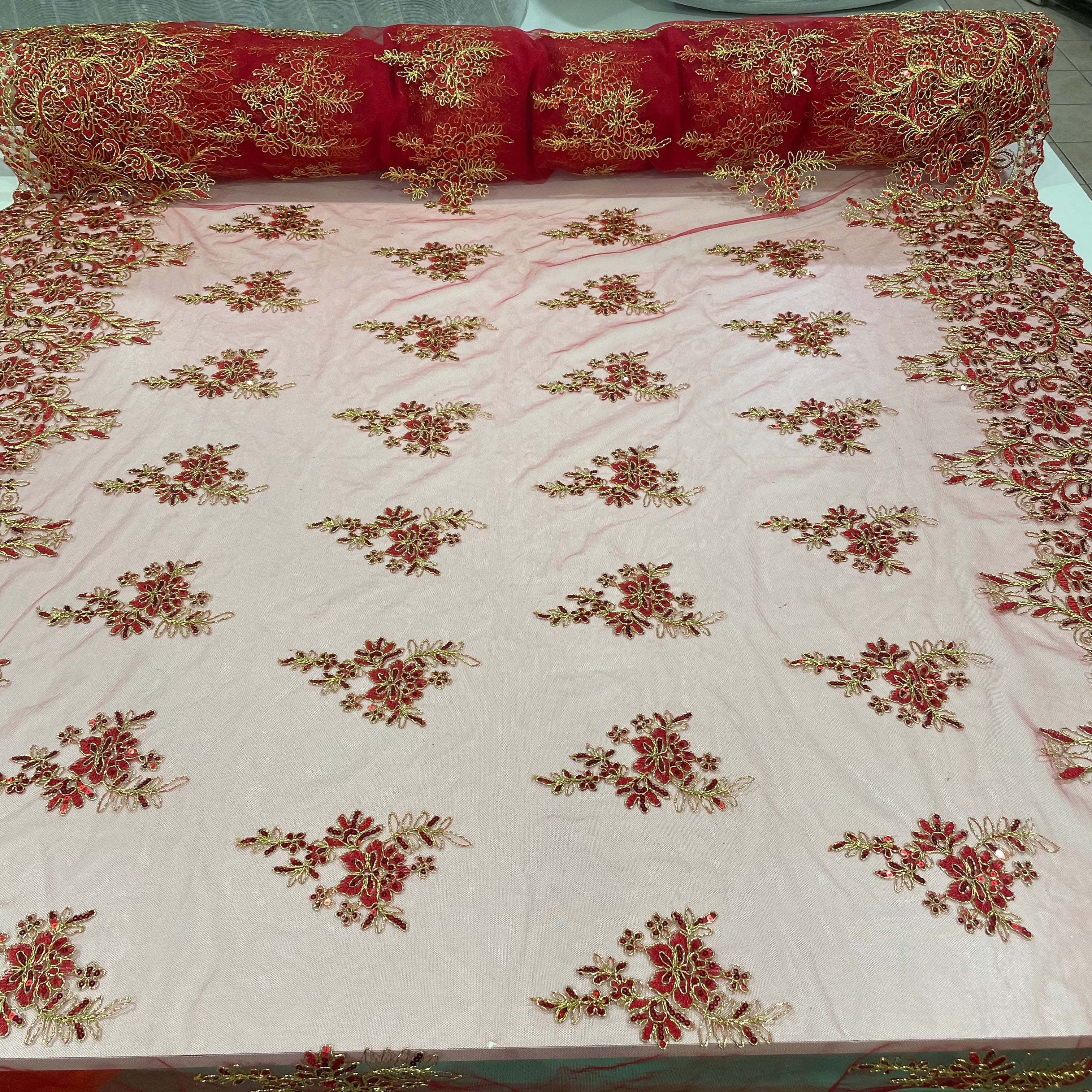 Tule Bordado Soho Metalic Vermelho e Dourado